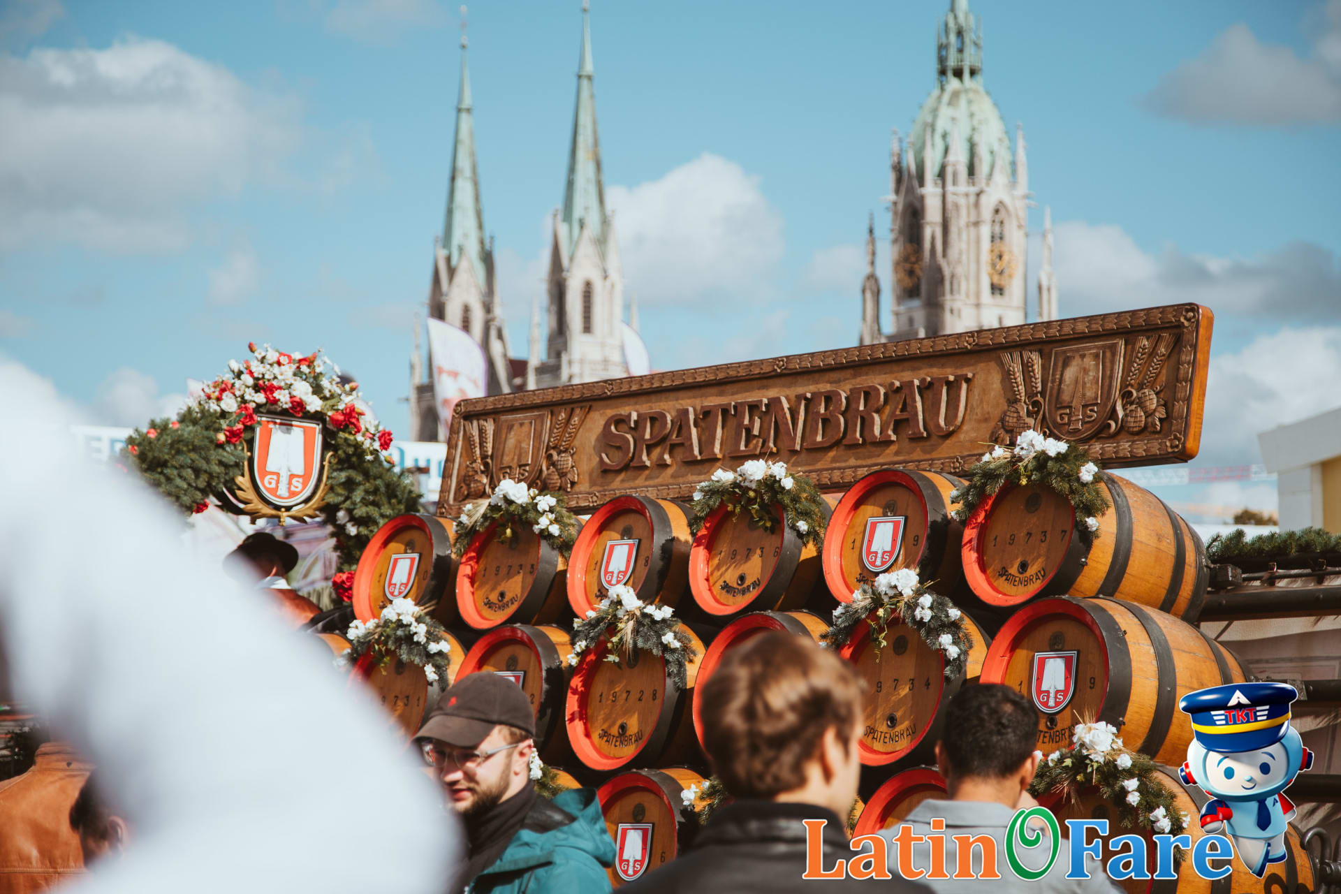 Inside Munich Oktoberfest beer tent with lively decorations and beer hall atmosphere