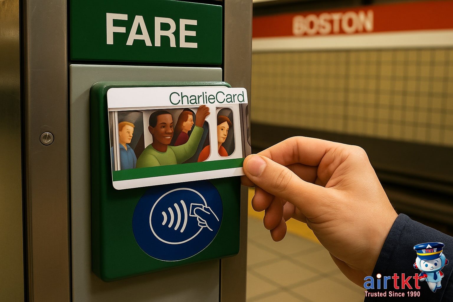 CharlieCard being tapped on an MBTA fare machine at Boston subway station