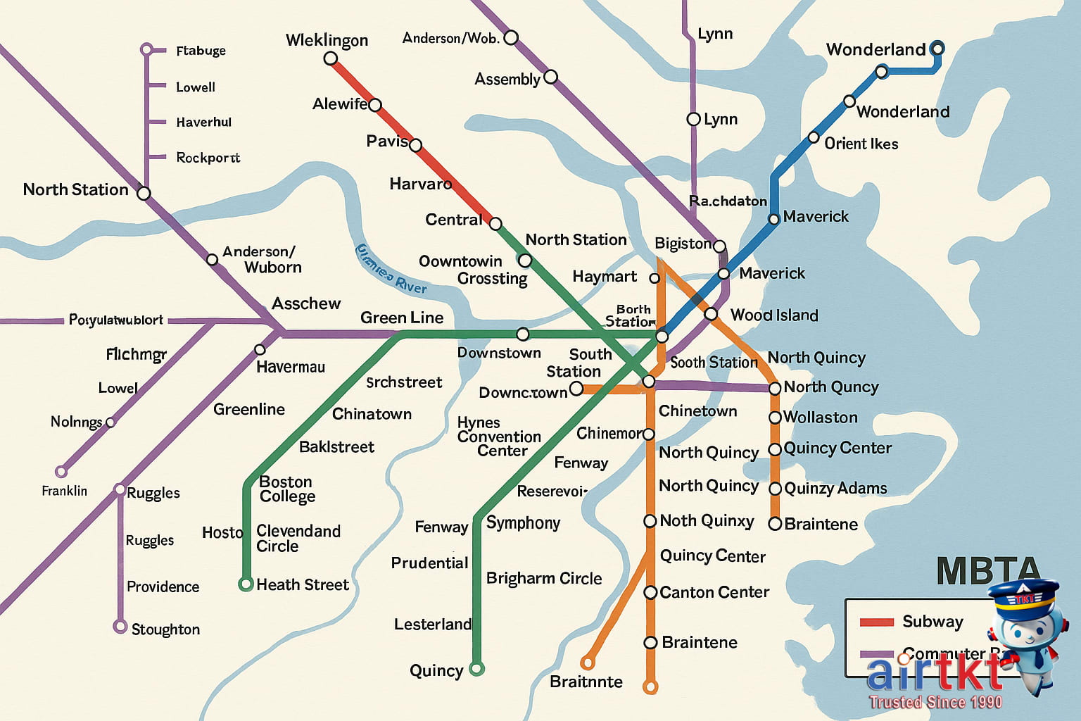 MBTA transit map showing subway and commuter rail lines in Boston