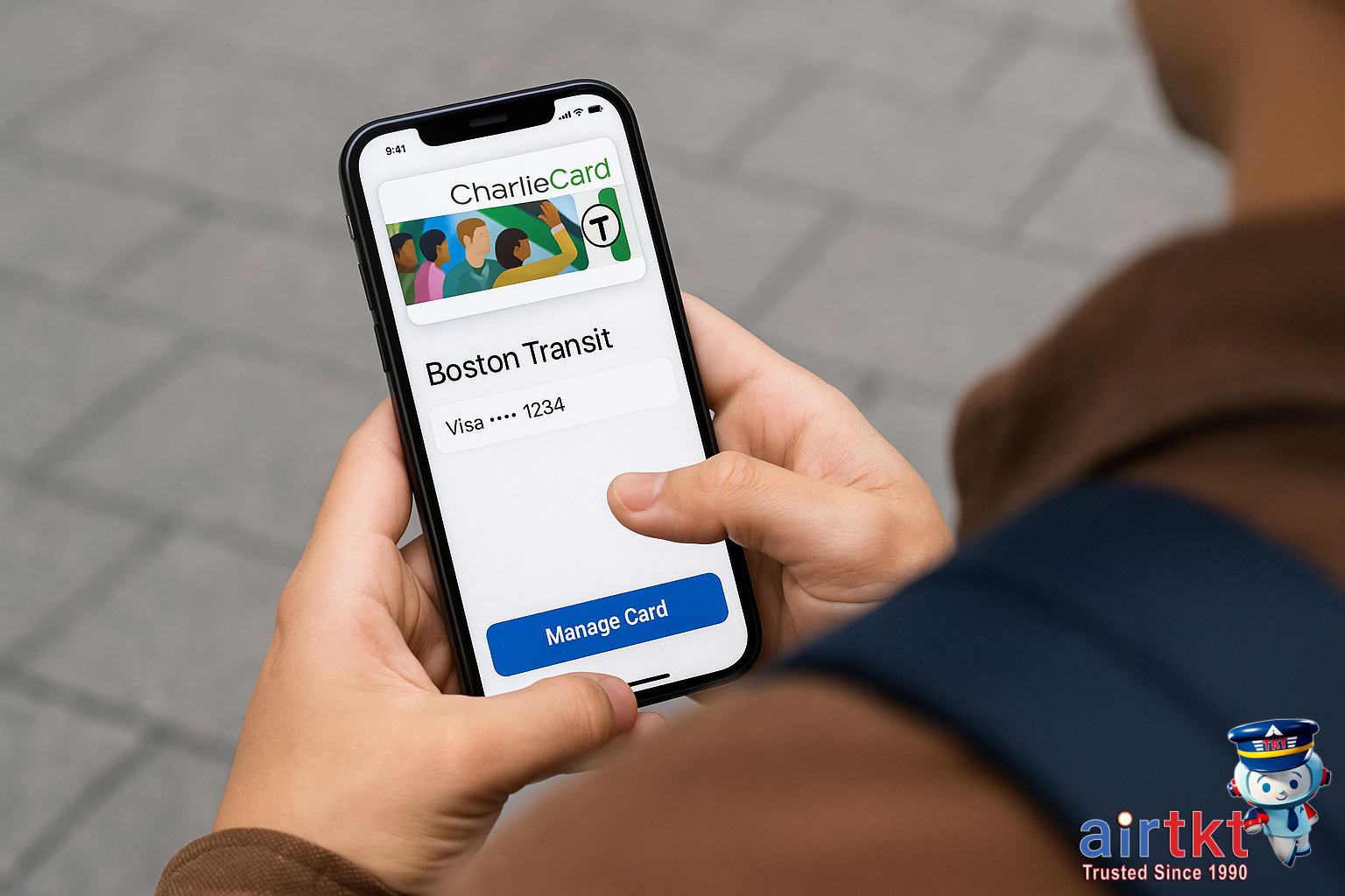 Traveler managing CharlieCard on smartphone using Boston transit app