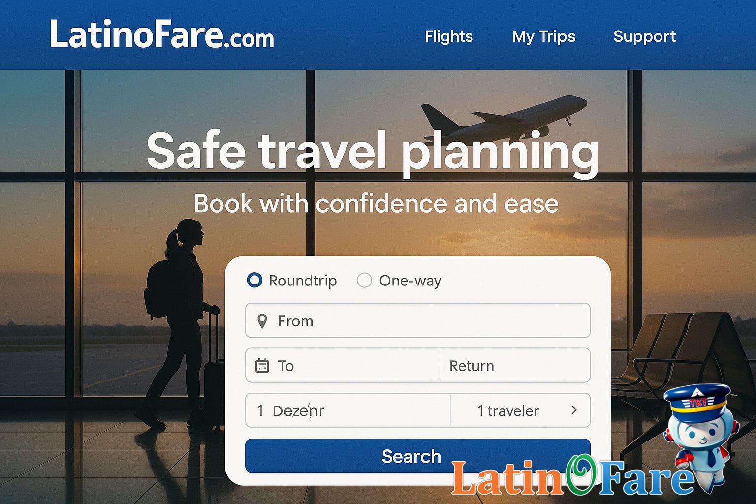 LatinoFare booking website shown as an example of safe, secure travel planning for flights.