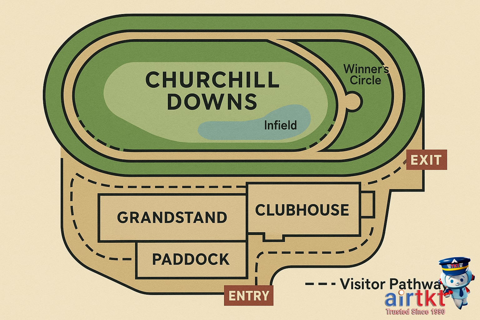 Churchill Downs map showing visitor pathways, entrances, and main spectator areas