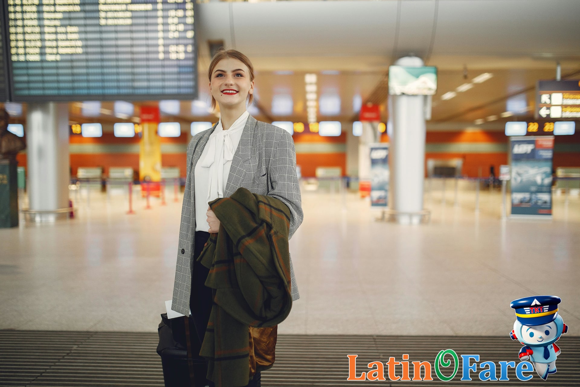 Traveler smiling confidently at airport after making a well-informed airline choice for their trip.