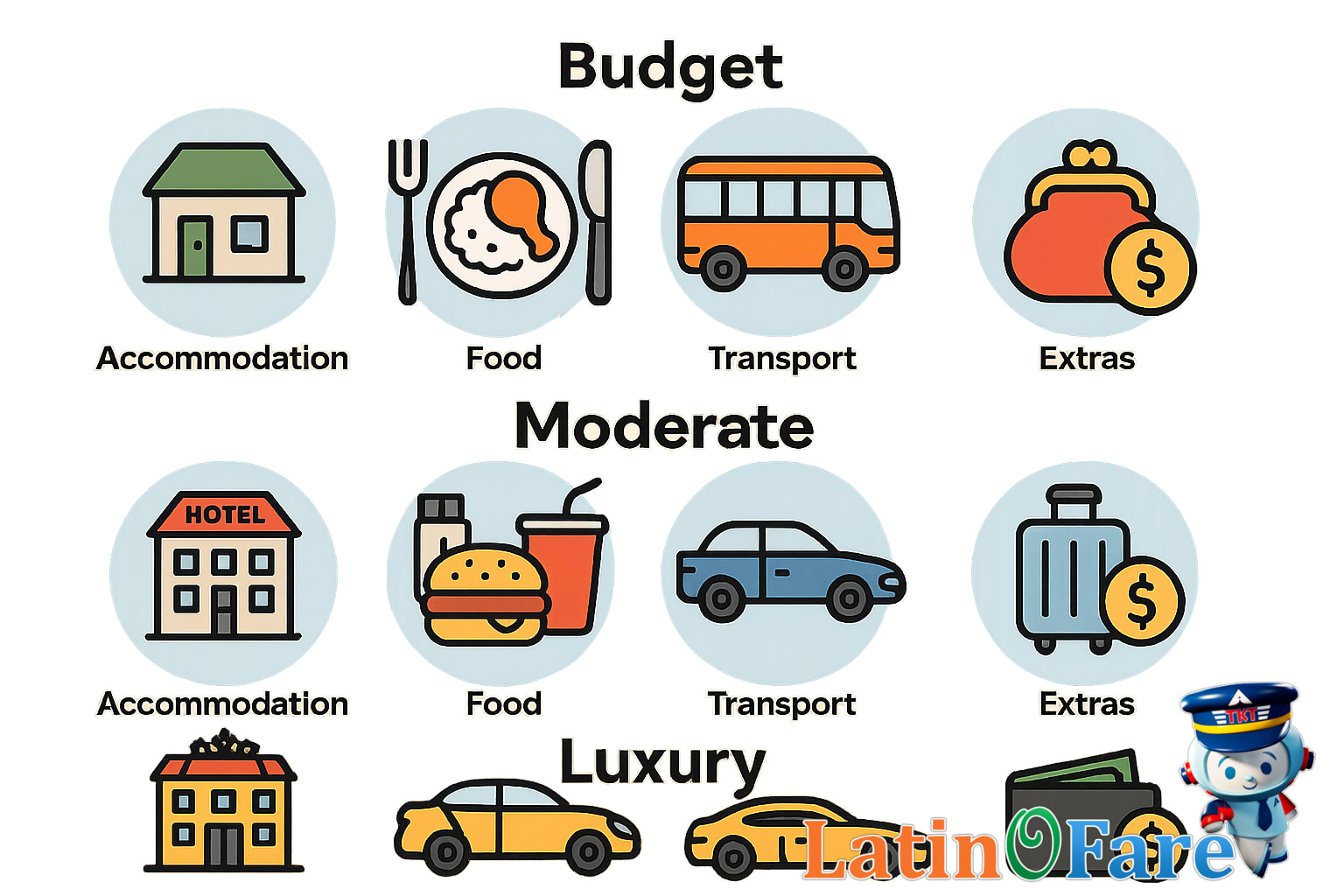 Travel icons showing accommodation, food, transport, and extras by travel budget category for airline trips.