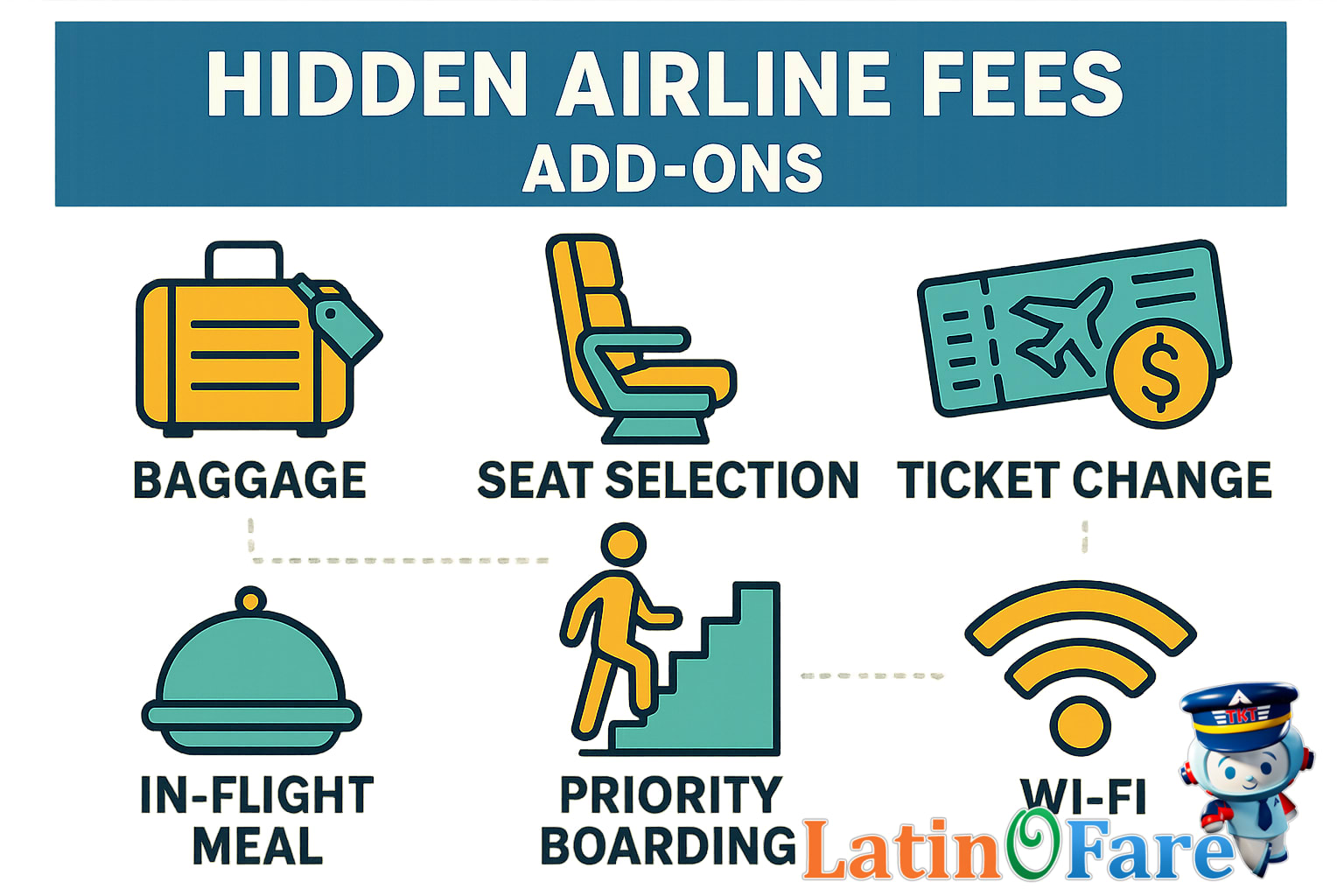 Chart listing typical hidden fees on budget and full-service airlines for travelers researching true costs.