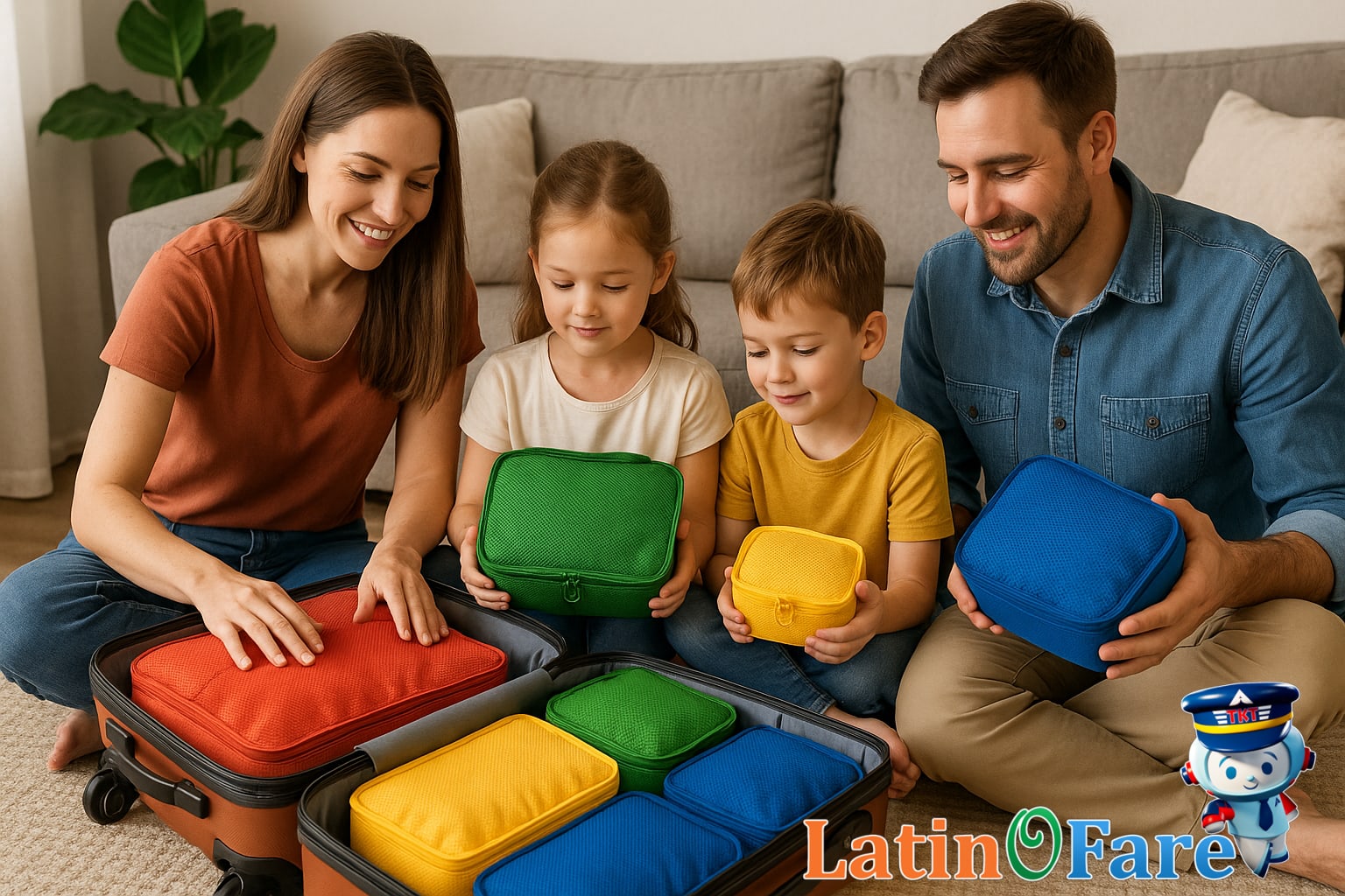 Family using color-coded packing cubes for group luggage organization and easier unpacking