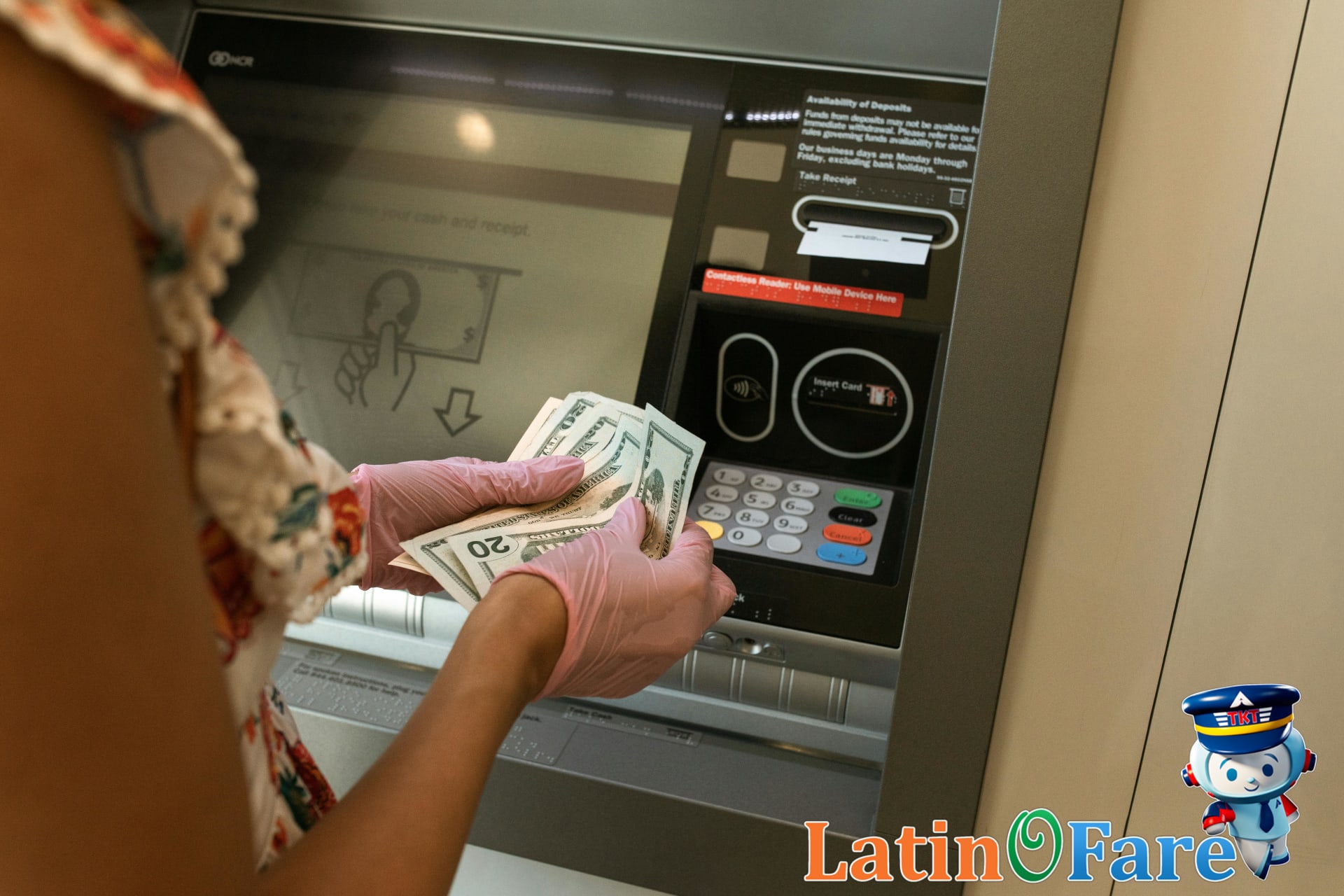 Tourist counting cash discreetly after ATM withdrawal practicing ATM safety abroad