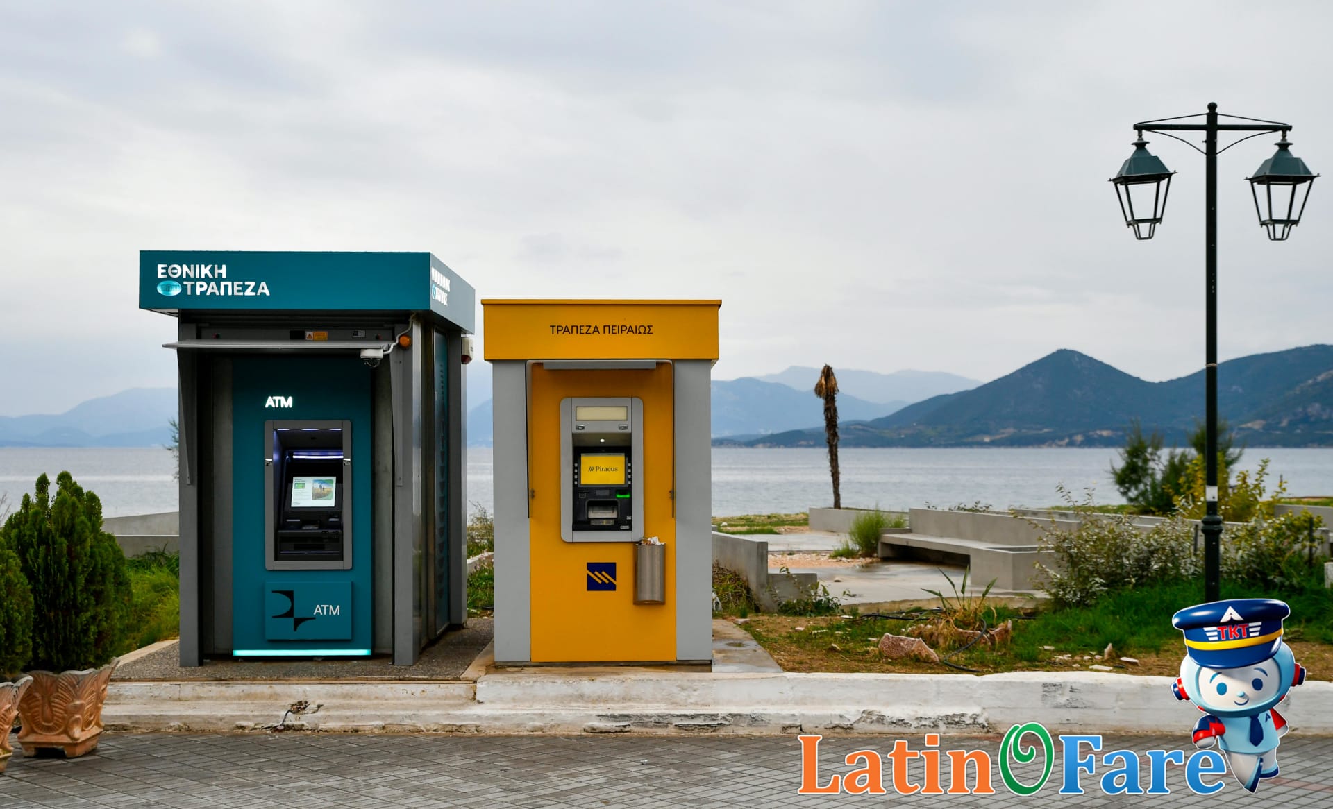 Outdoor ATMs by a scenic coastal location supporting ATM safety abroad