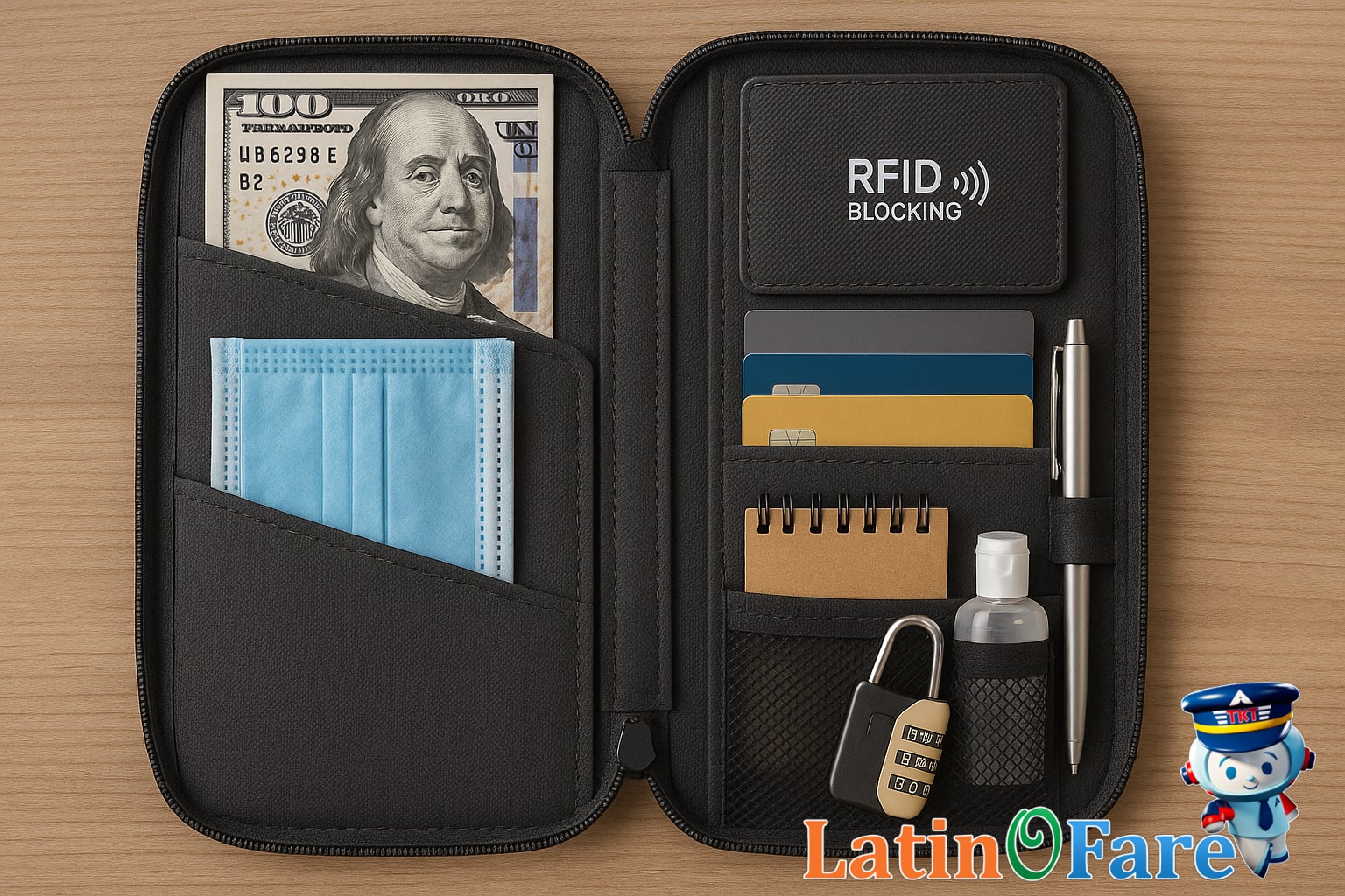 Travel wallet with RFID-blocking cardholder and cash for ATM safety abroad