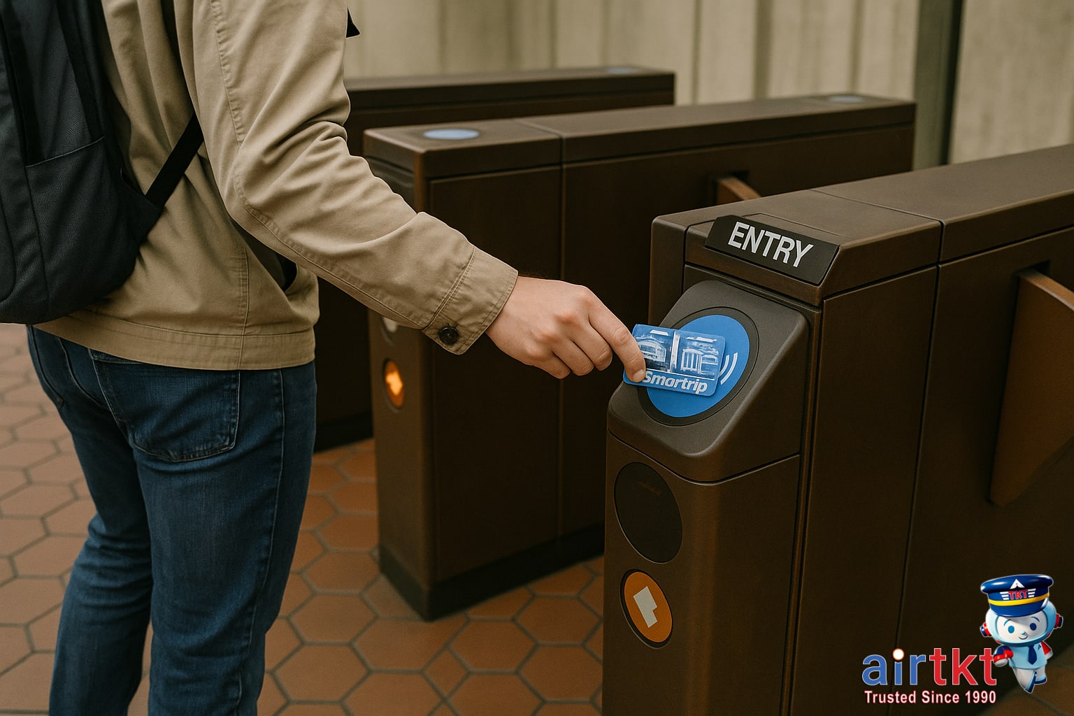 Passenger using SmarTrip card on DC Metro turnstile for seamless access