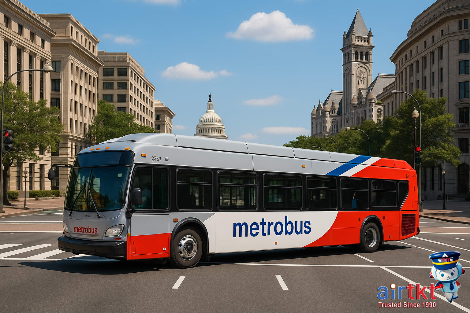 WMATA bus navigating downtown Washington DC streets with city landmarks