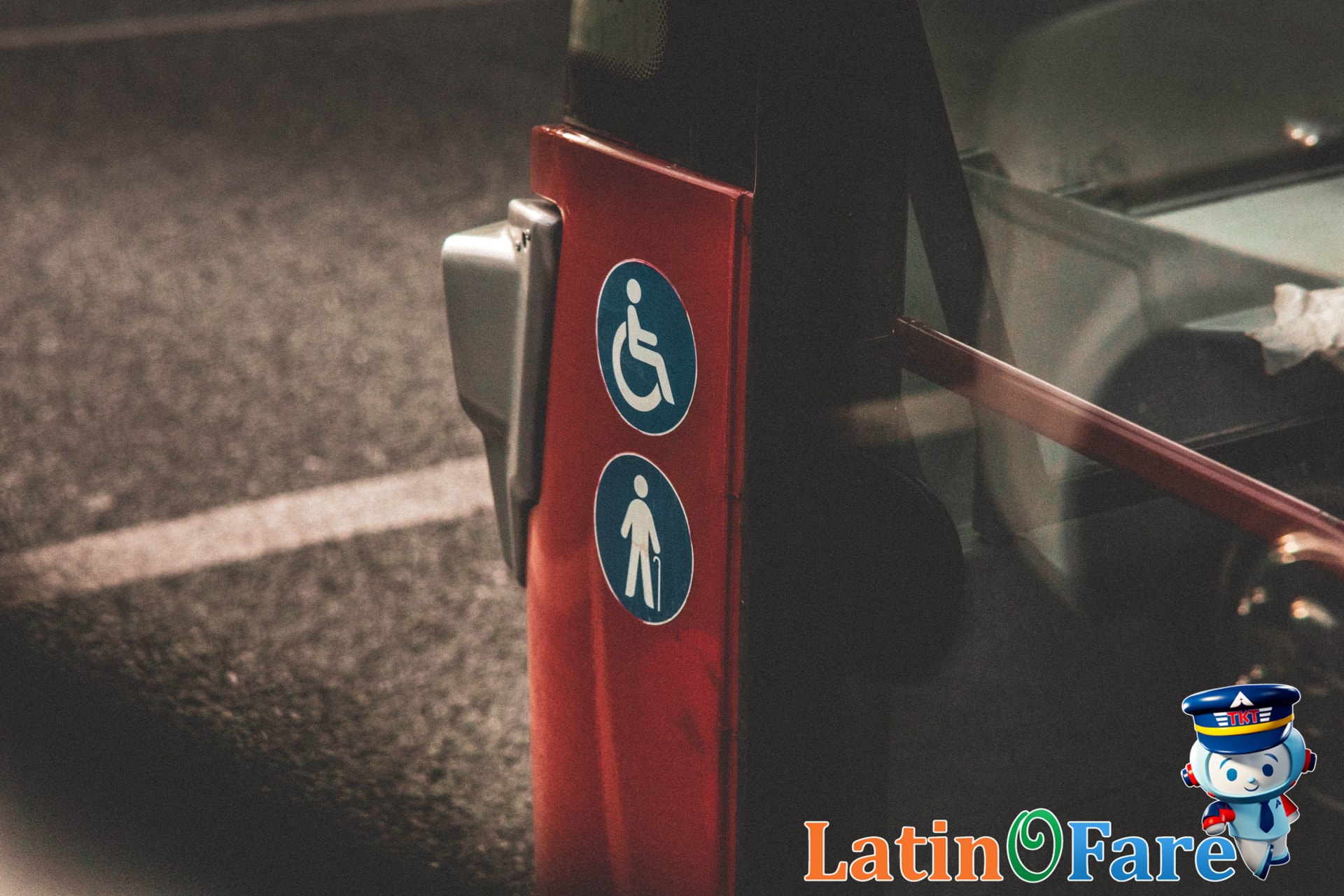 Accessibility symbols on DC city bus indicating priority seating and wheelchair space for car-free family travel.