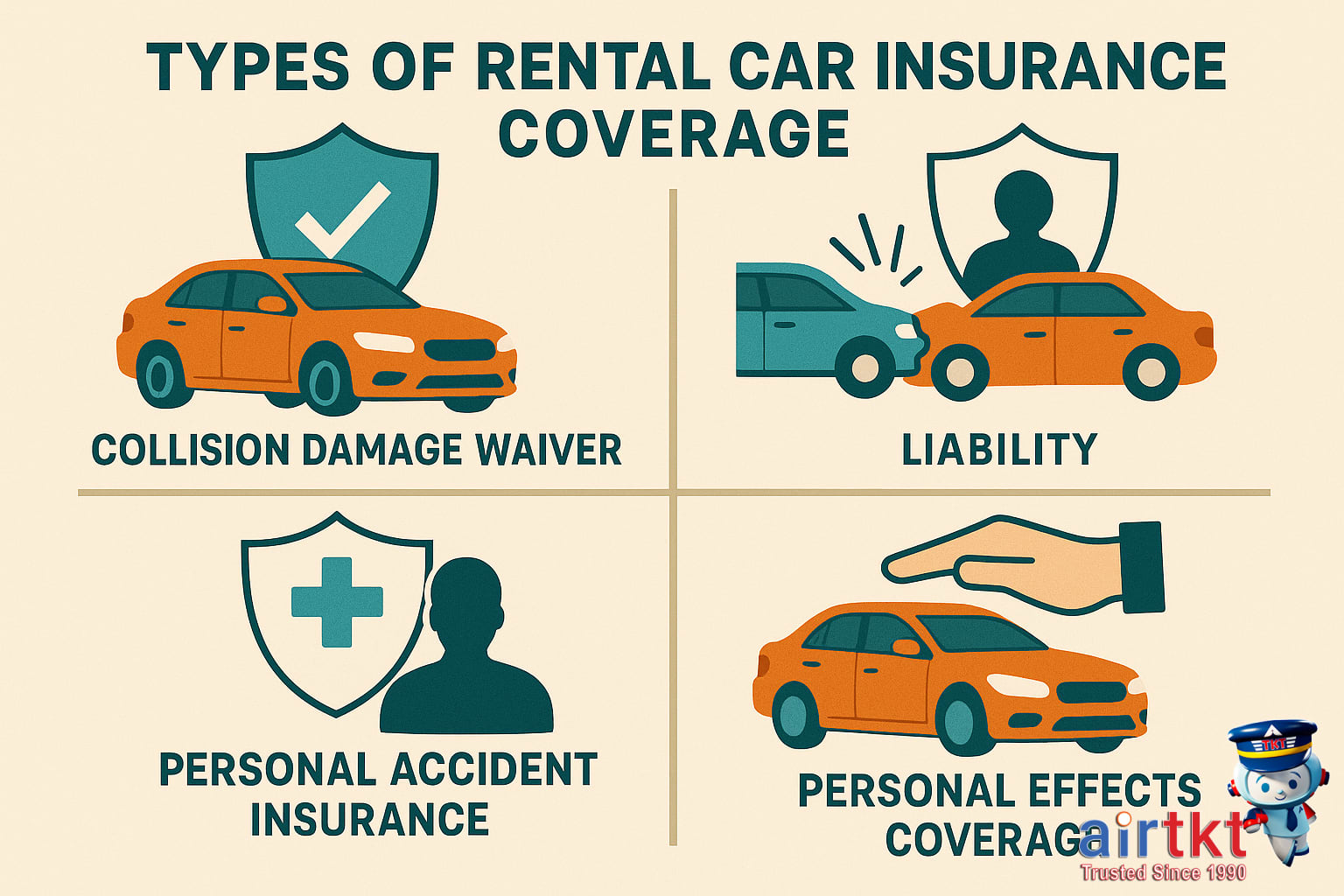 Infographic showing types of rental car insurance coverage like CDW and liability