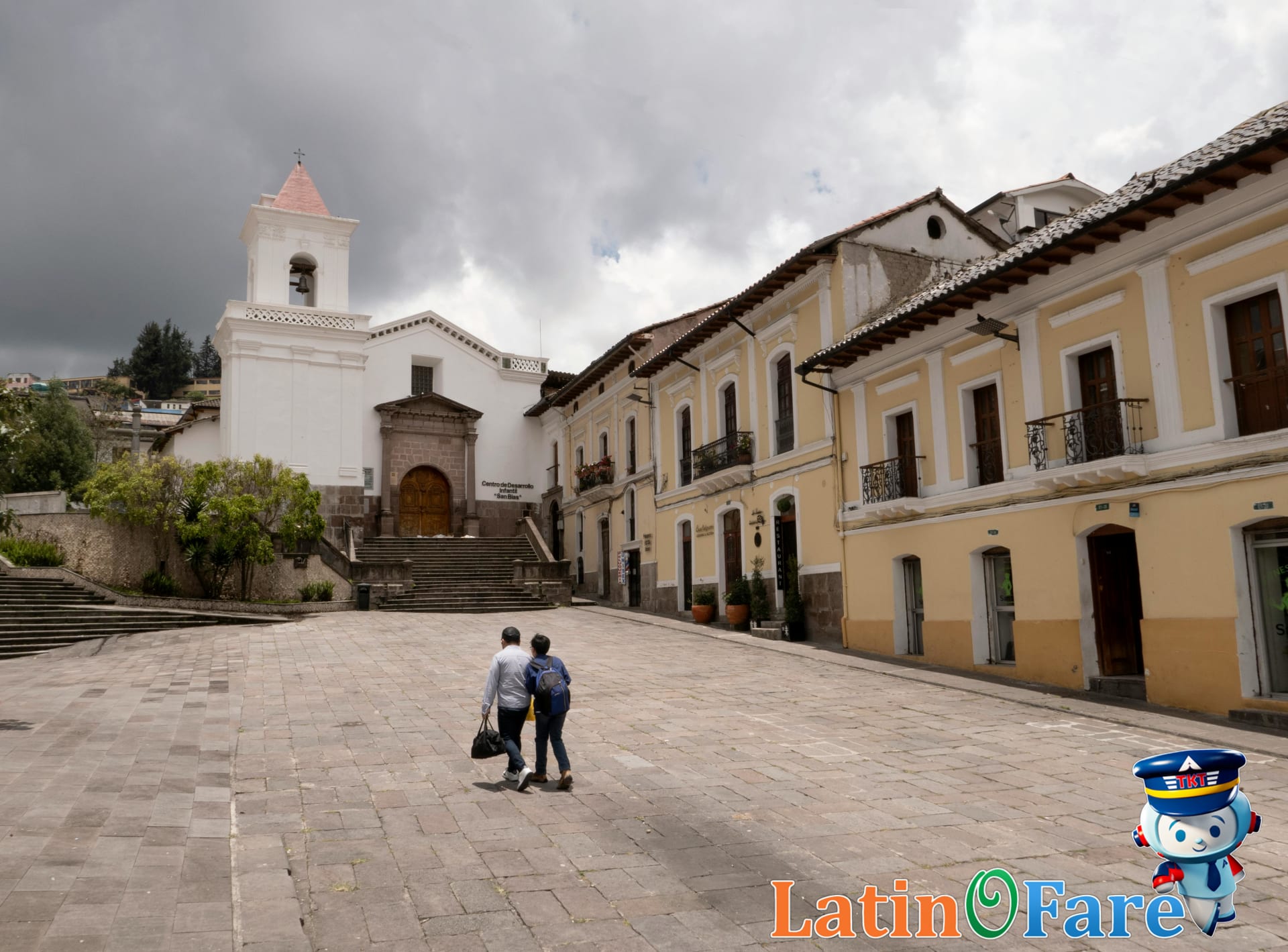Travelers explore Quito Plaza Grande in Ecuador's historic center district in morning light