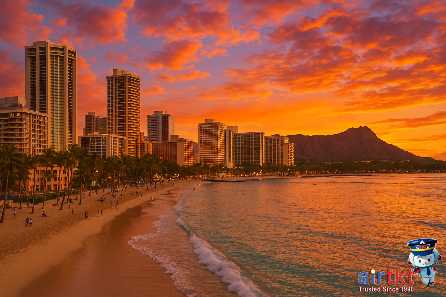 Waikiki beachfront hotels at sunset in Honolulu Hawaii with ocean view