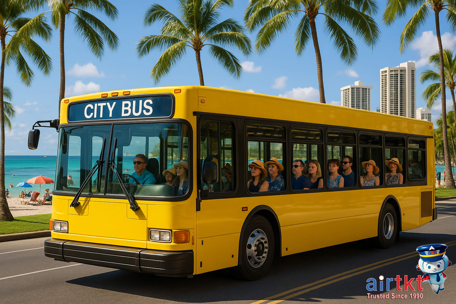 Public transportation bus near Waikiki Beach with tourists boarding Honolulu