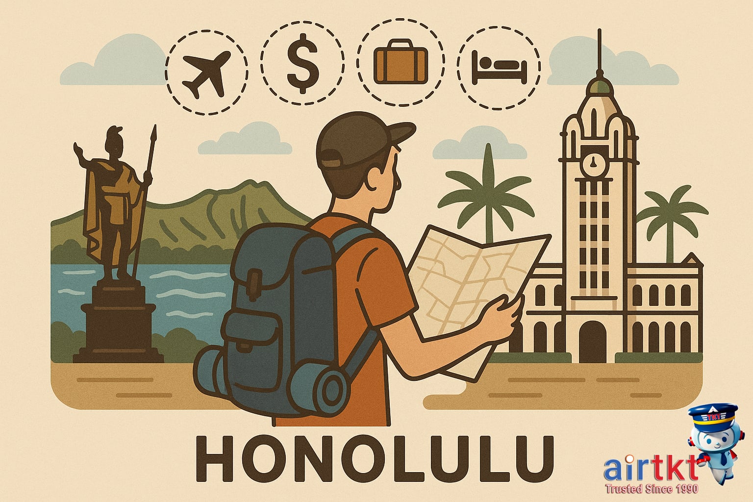 Budget travel planning for Honolulu with map and landmarks icons in focus