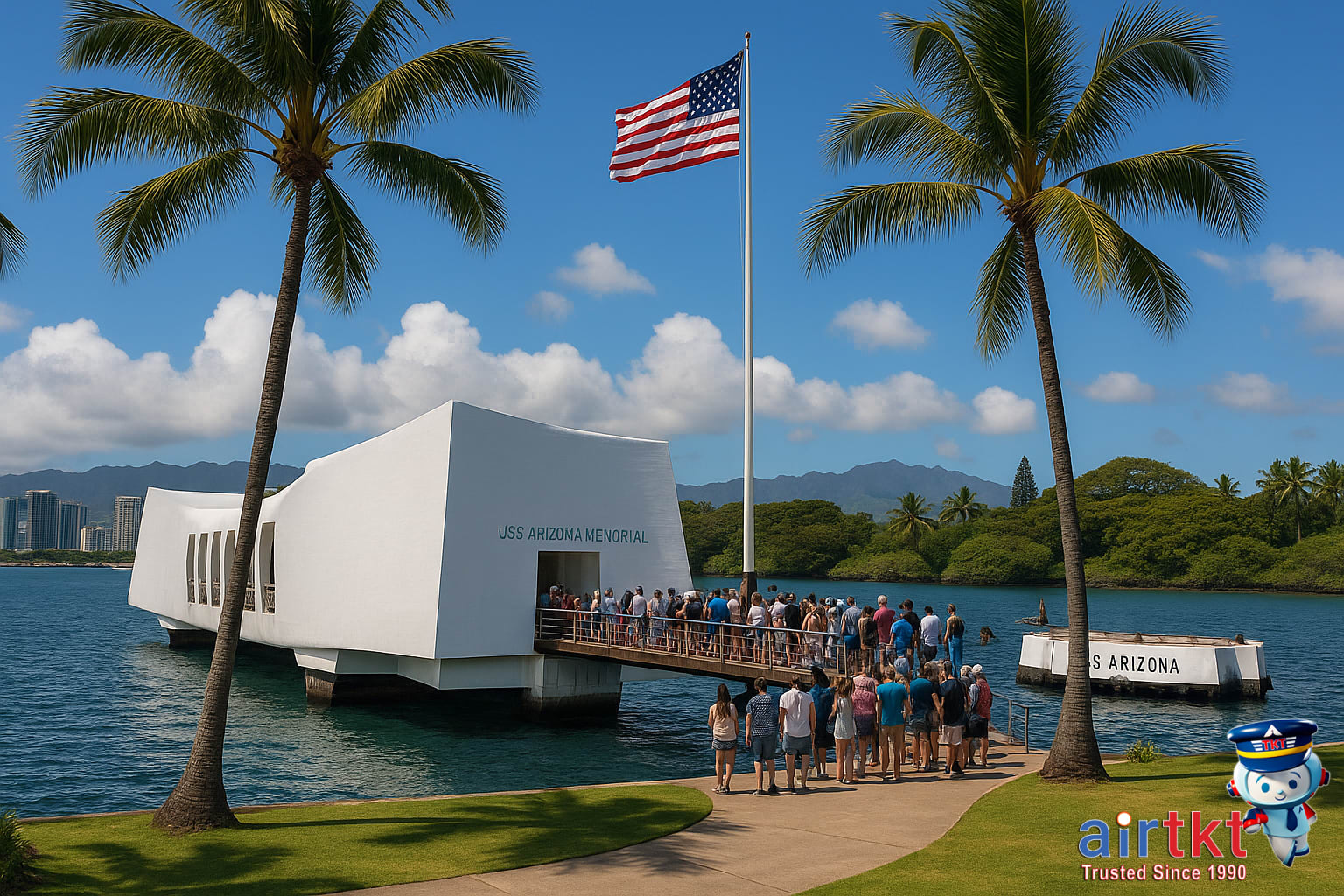 USS Arizona Memorial at Pearl Harbor in Honolulu with palm trees