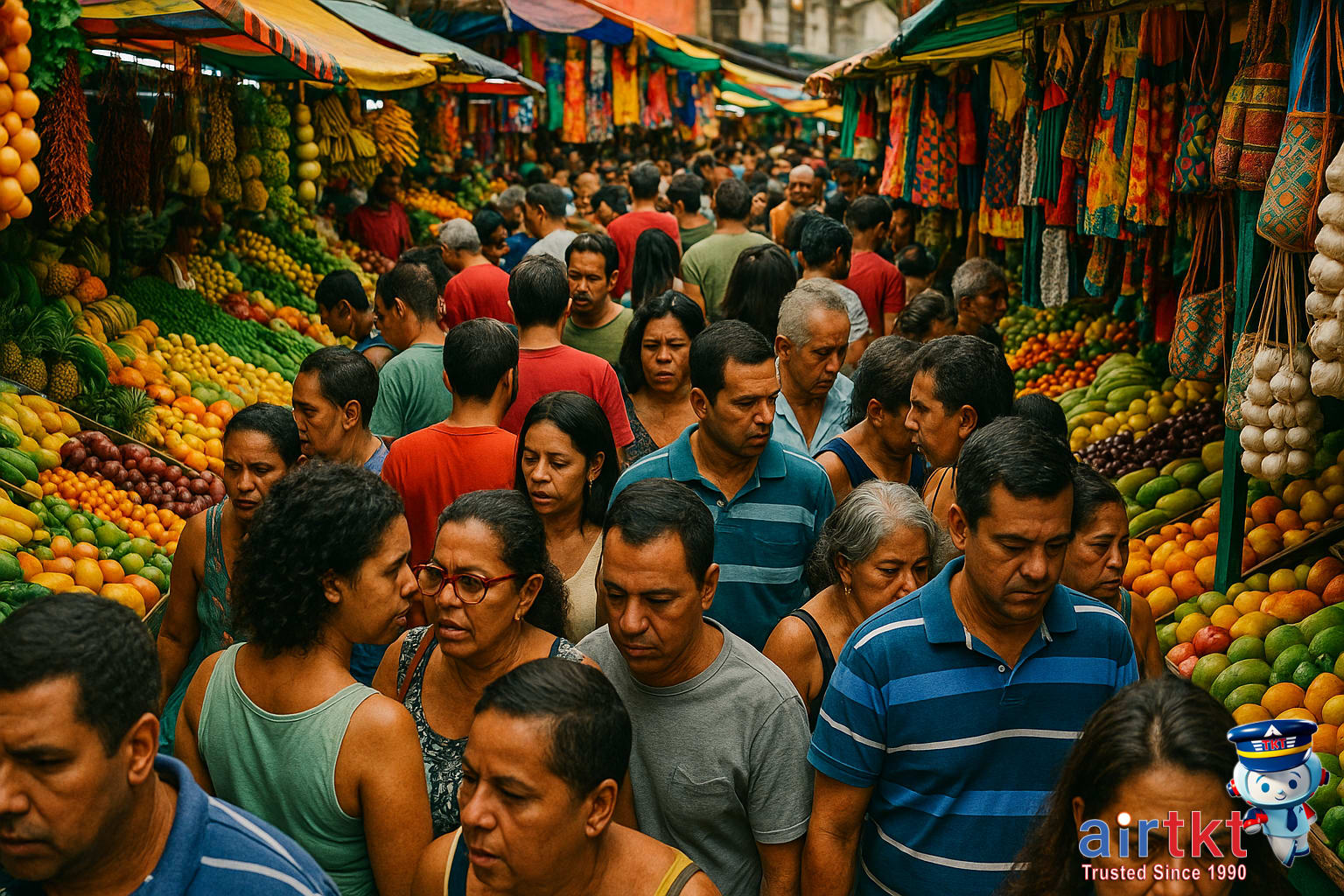 Brazilian culture personal space in crowded market with people closely interacting