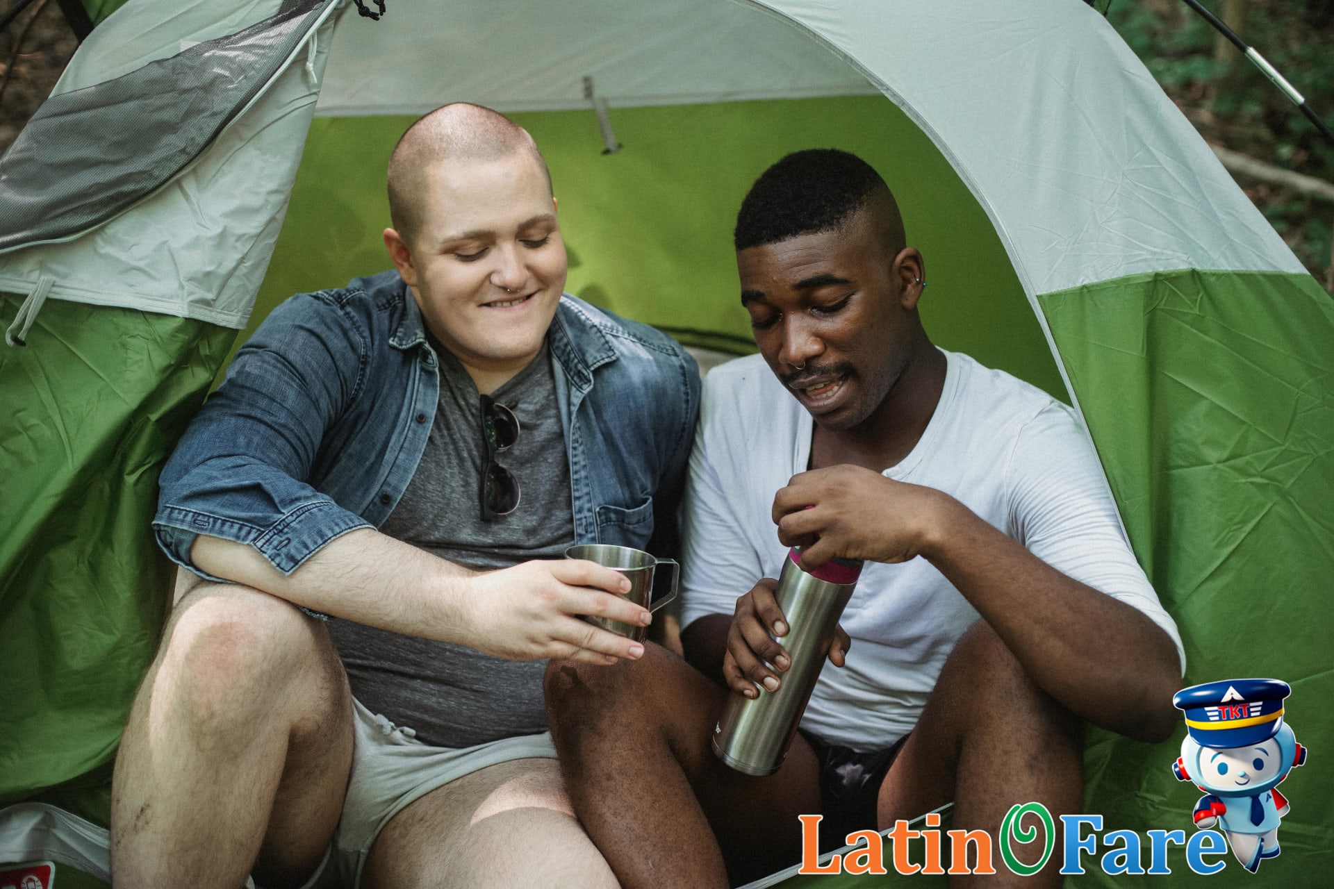 Festival friends sharing camping gear and money-saving tips at Bonnaroo Music Festival campsite