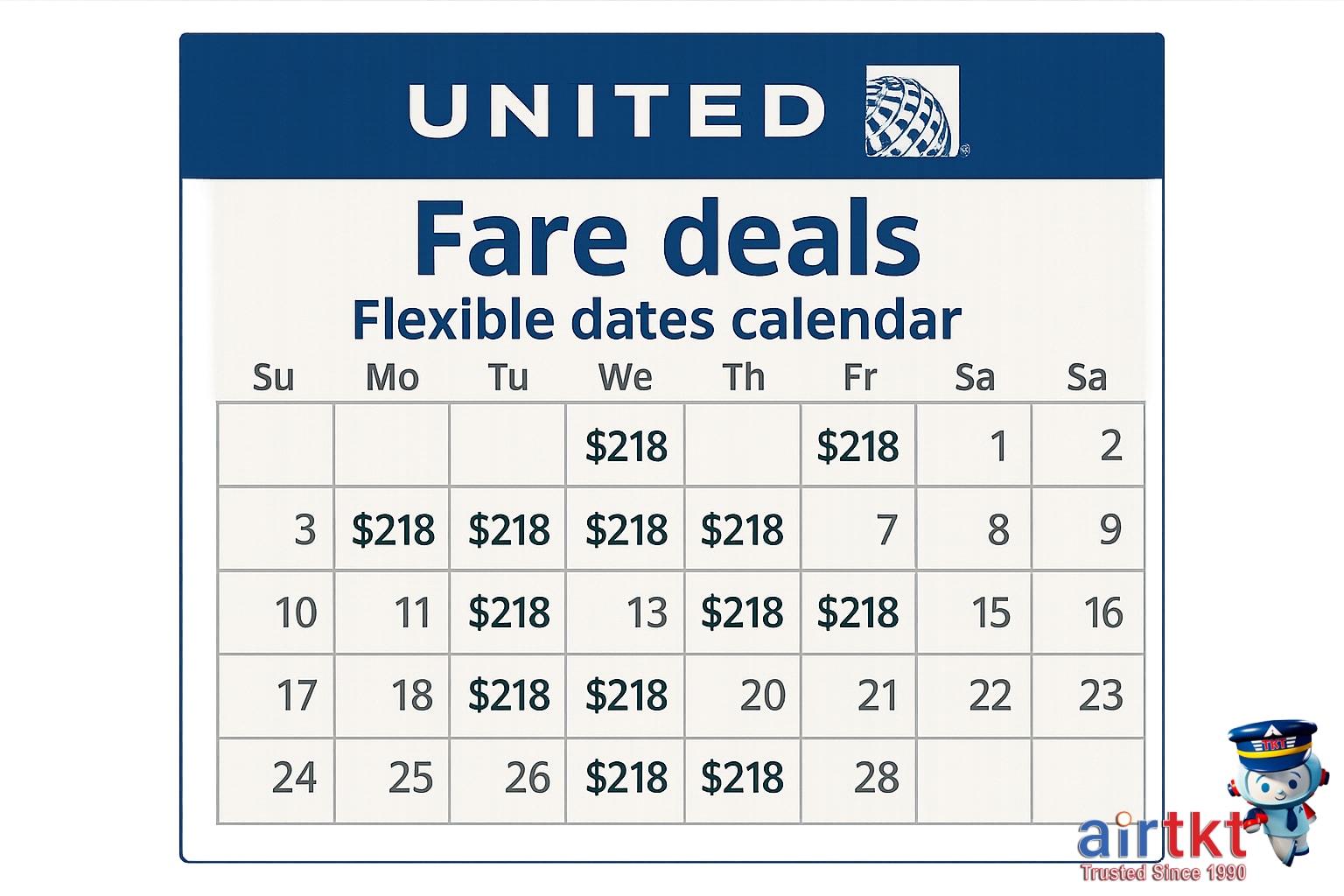 United Airlines fare deals and flexible date search calendar graphic on laptop screen