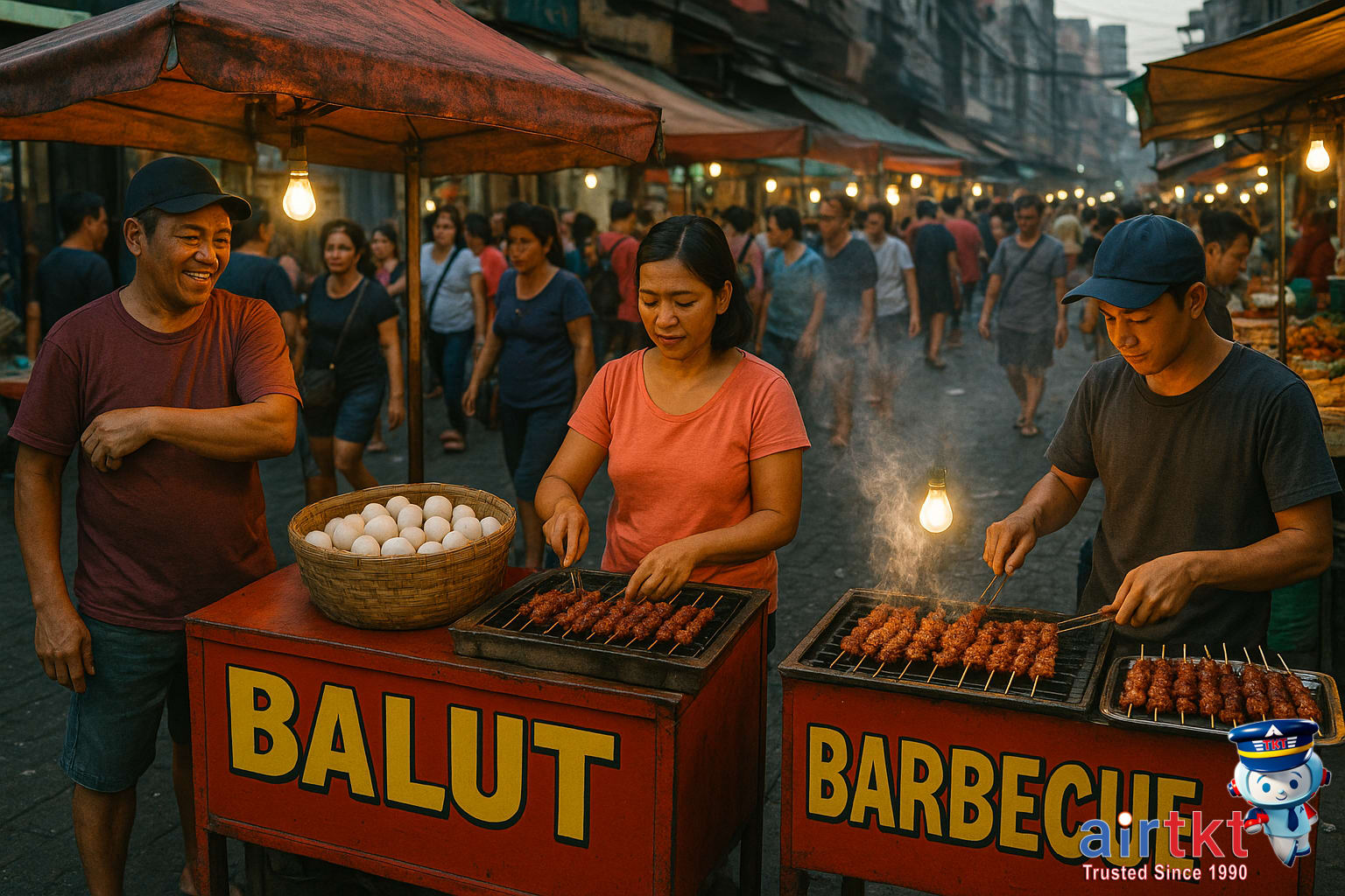 Colorful Filipino street food stalls in Manila selling balut and barbecue.