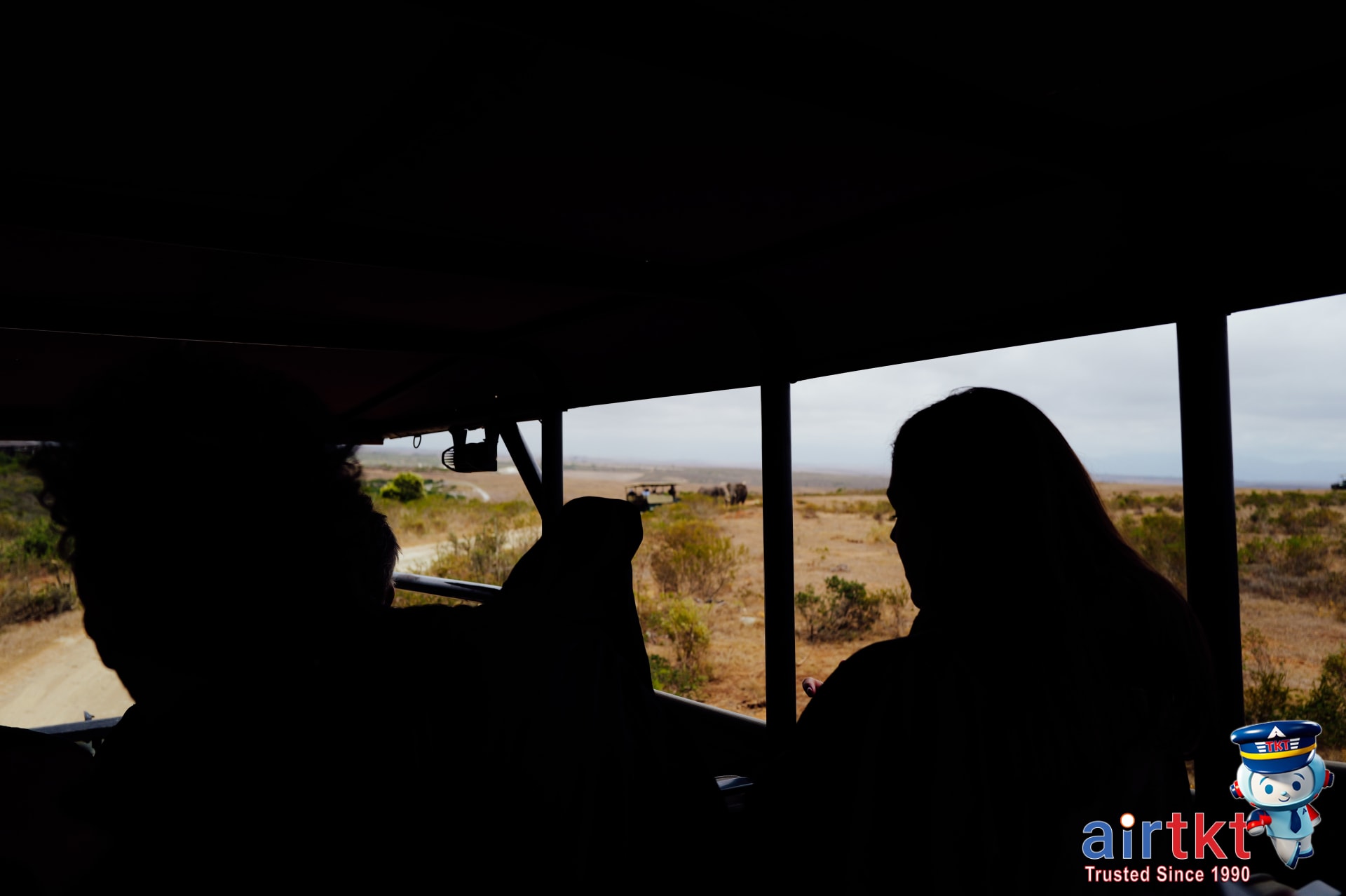 Tourists on safari jeep observing wildlife in African savanna during dry season.