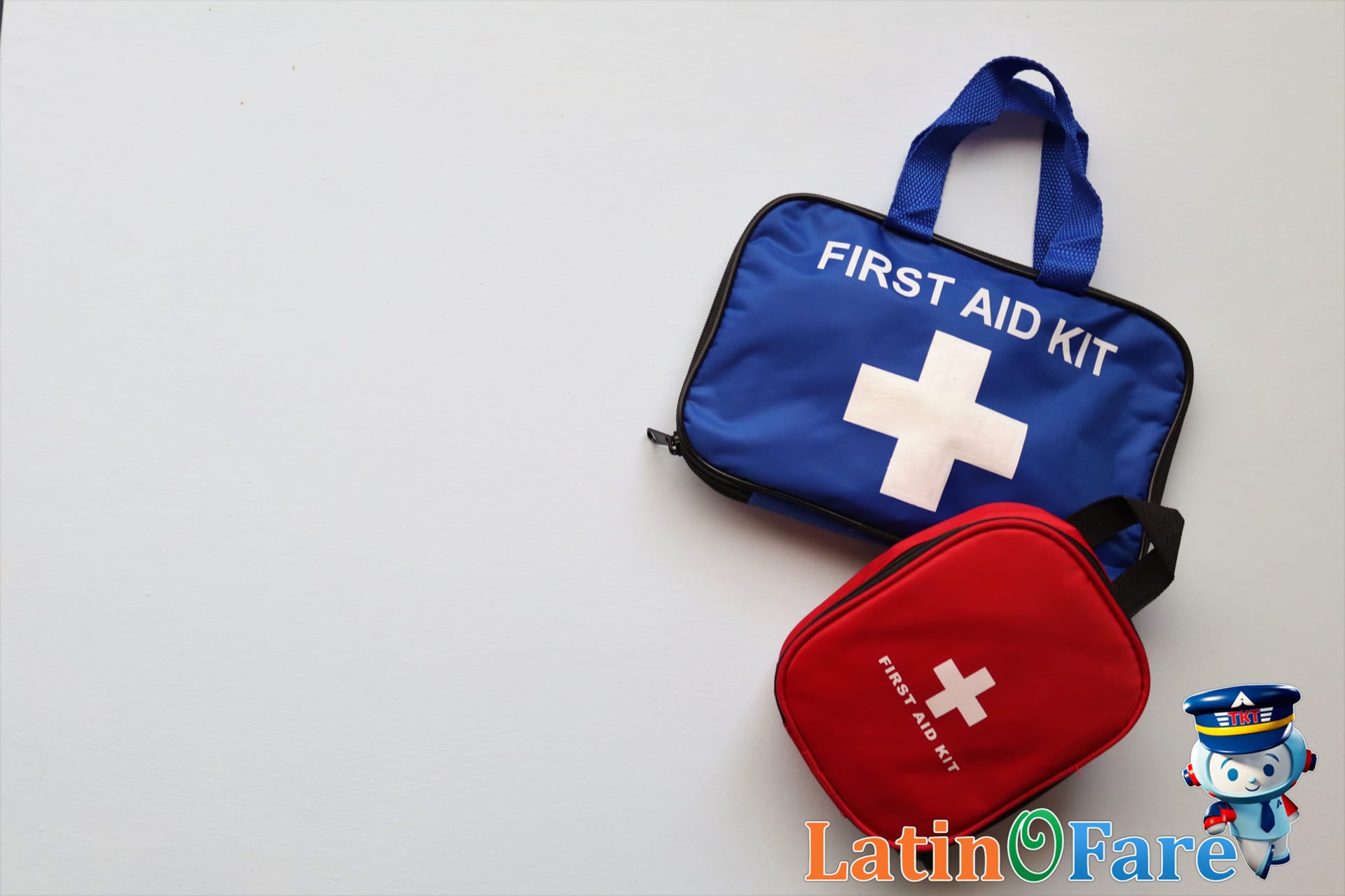 Caribbean travel emergency kit for hurricane season with water, flashlight, and first aid supplies.