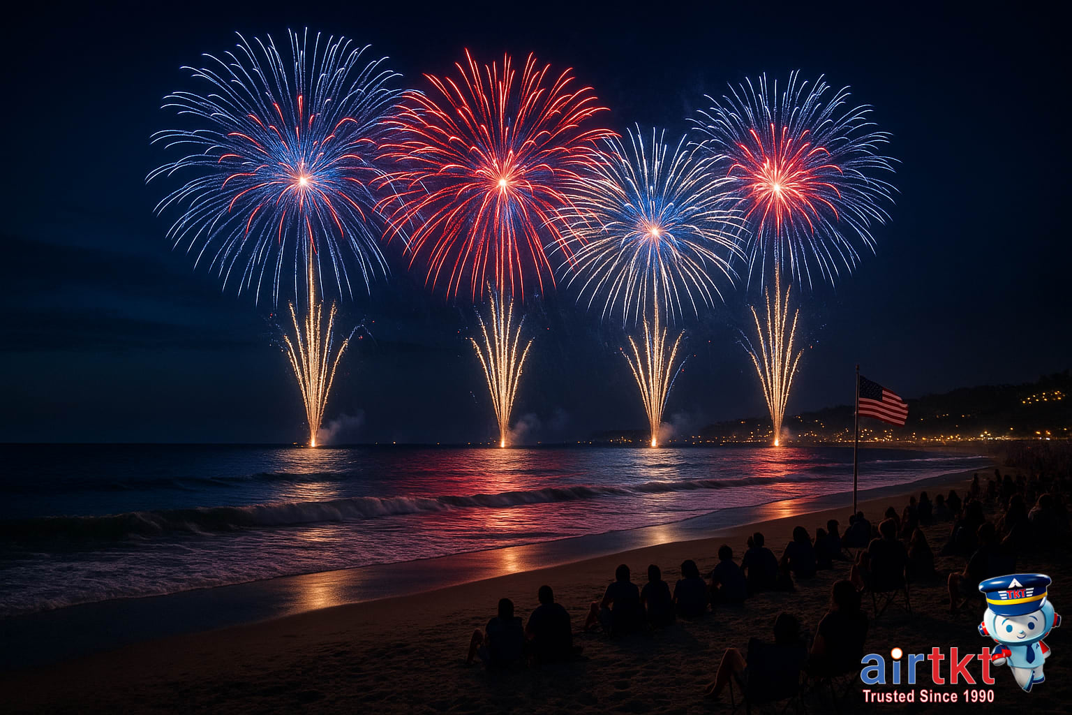 Coastal July 4th fireworks over the ocean at night on the beach