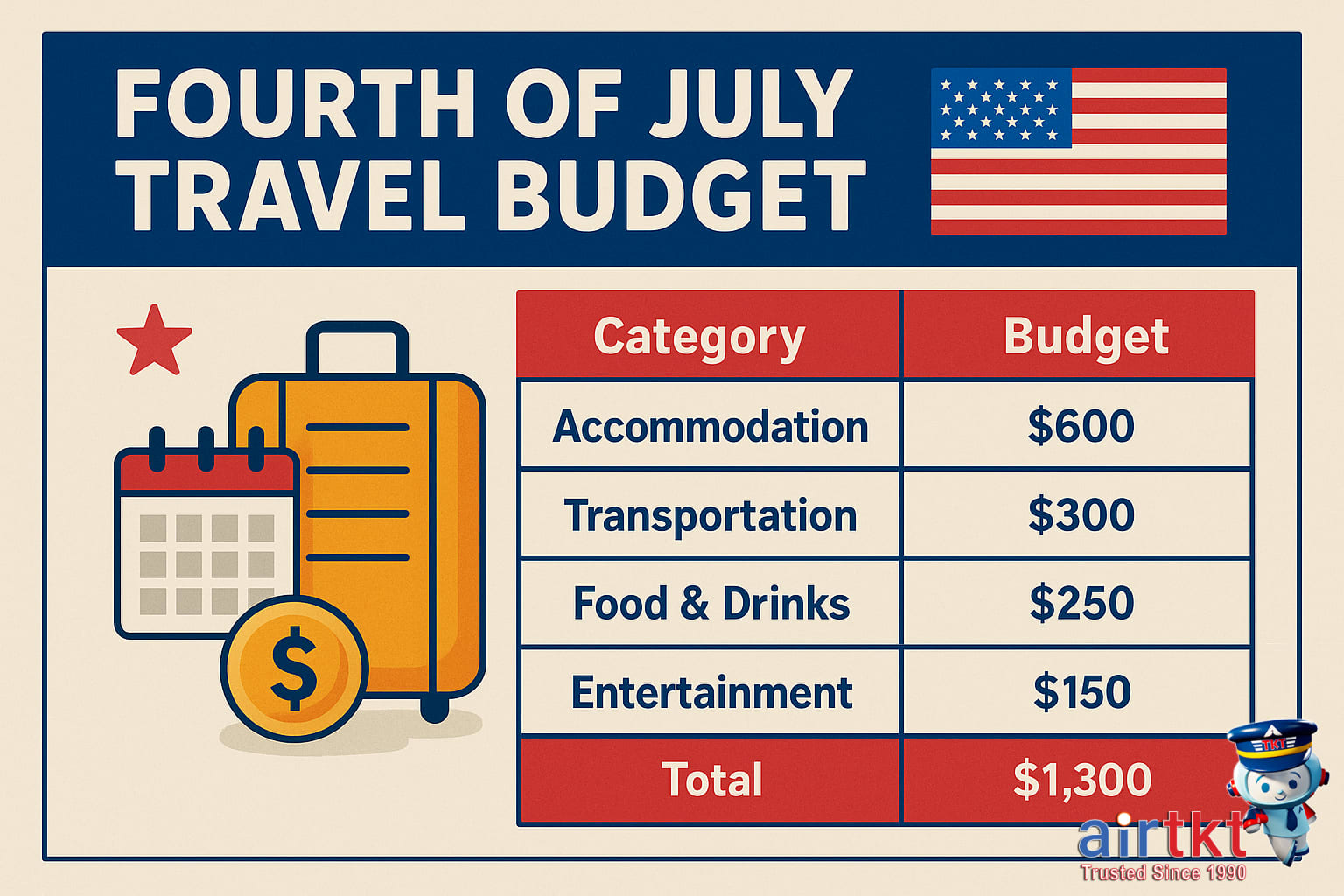 Fourth of July travel budget planning table with icons for travel costs