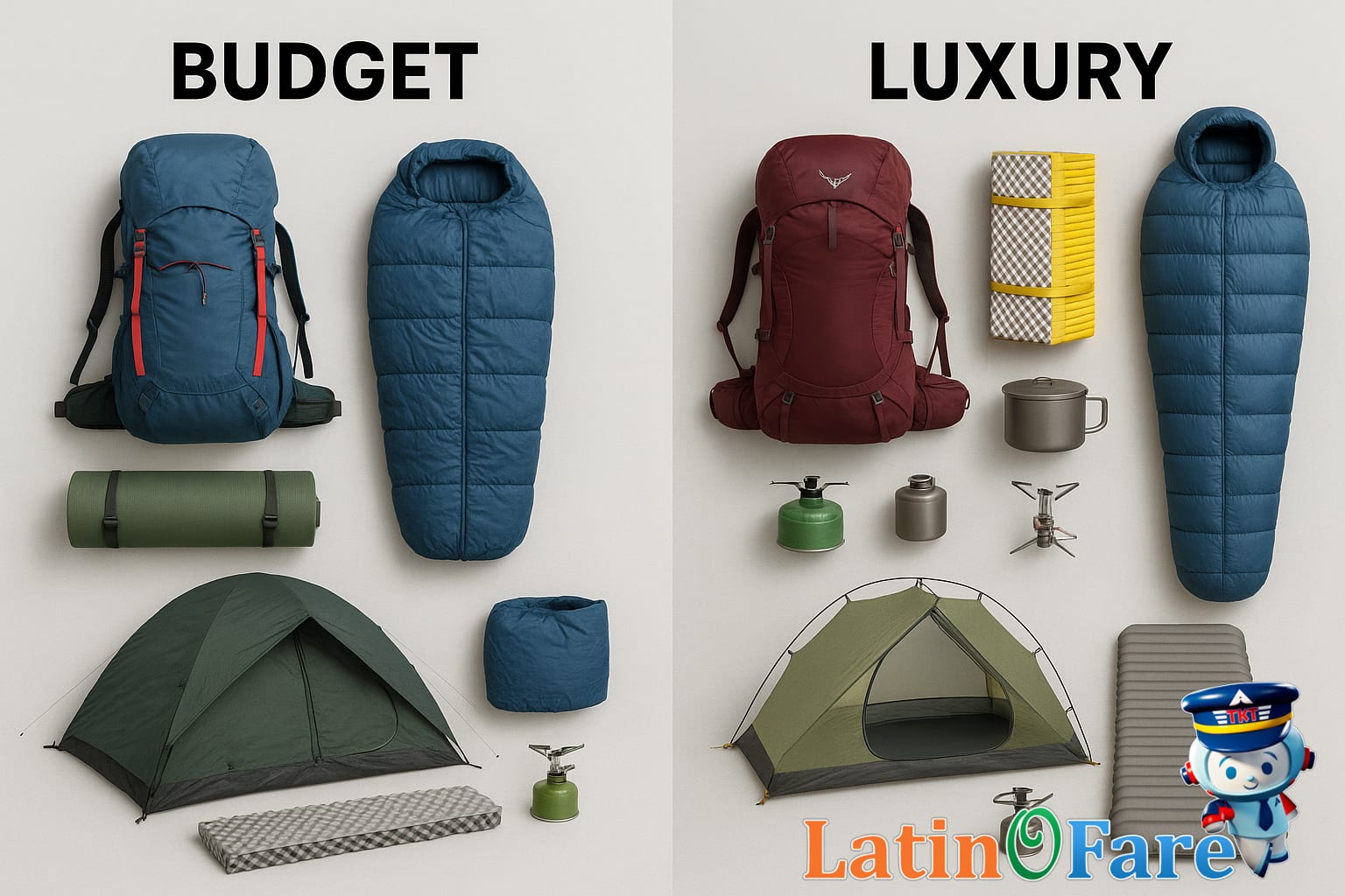 Comparison of backpacking gear from budget to luxury options in a digital mockup