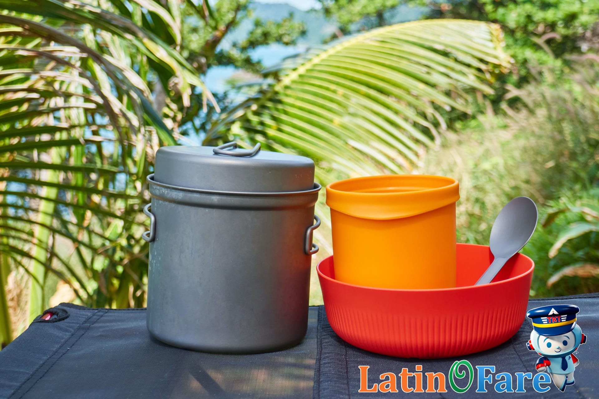 Backpacking cookware utensils and food items for outdoor camping cooking gear