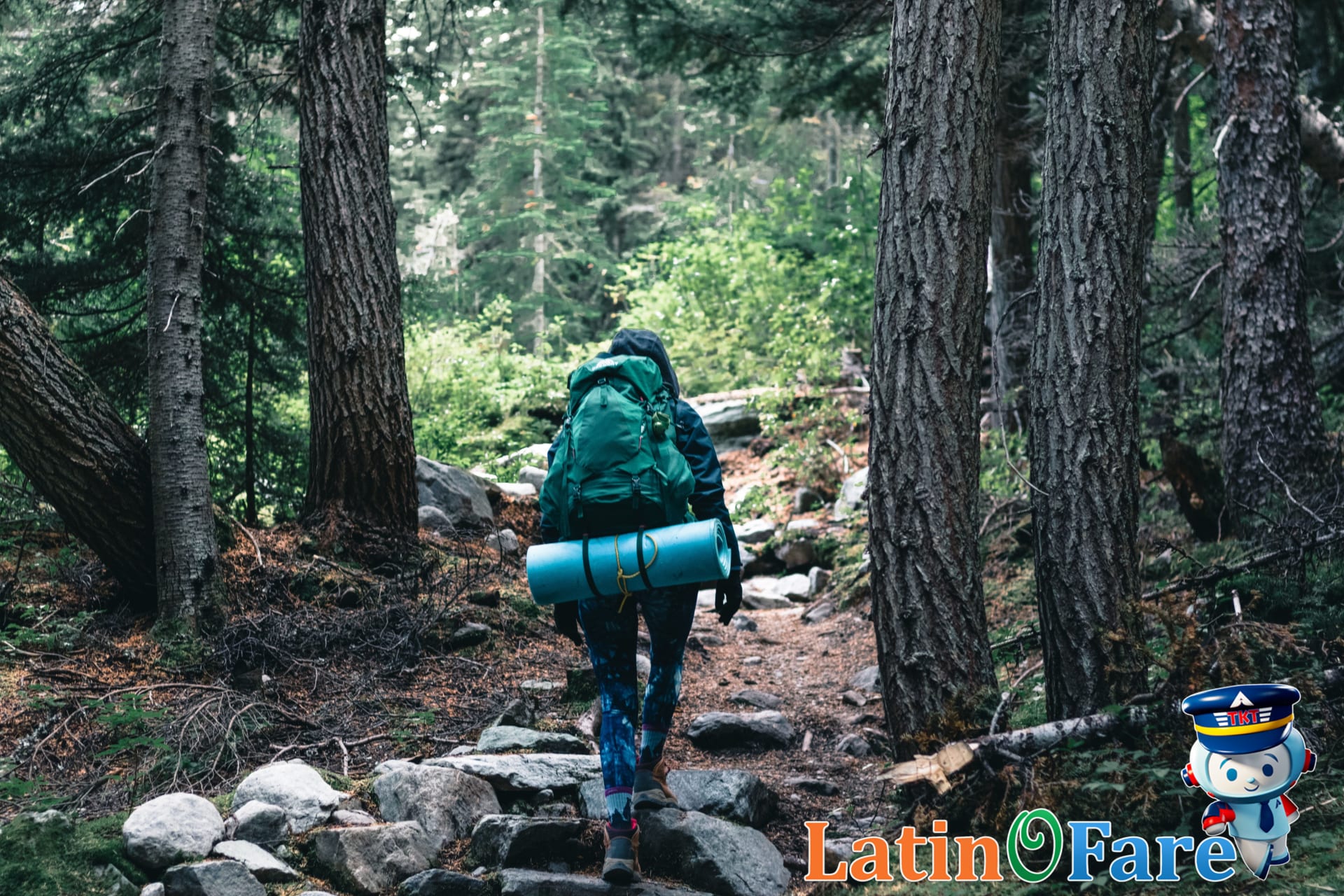 Backpacking gear close-up highlighting main pack and hiking boots on forest trail