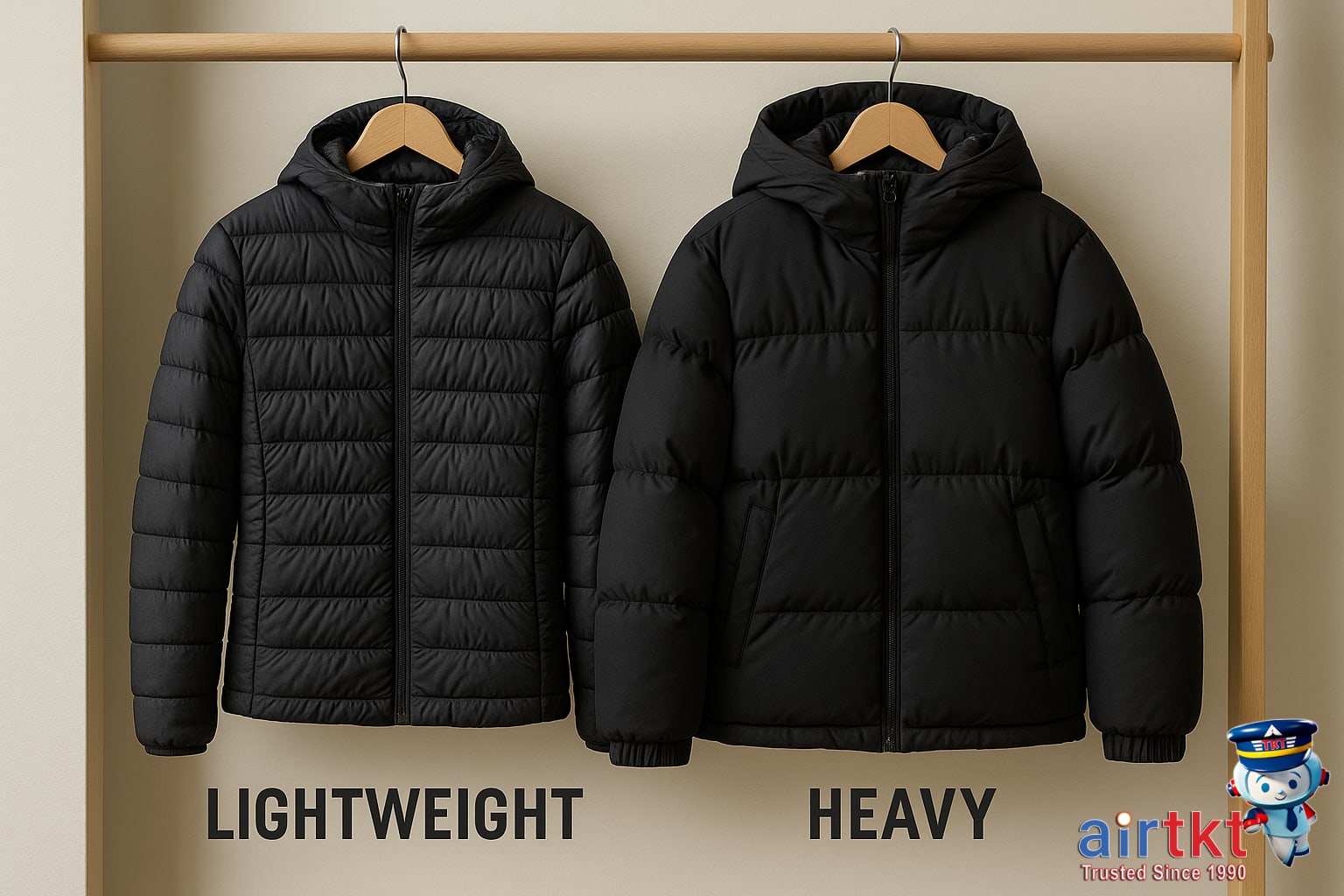 Lightweight versus heavy winter jackets hanging side by side for layering strategies
