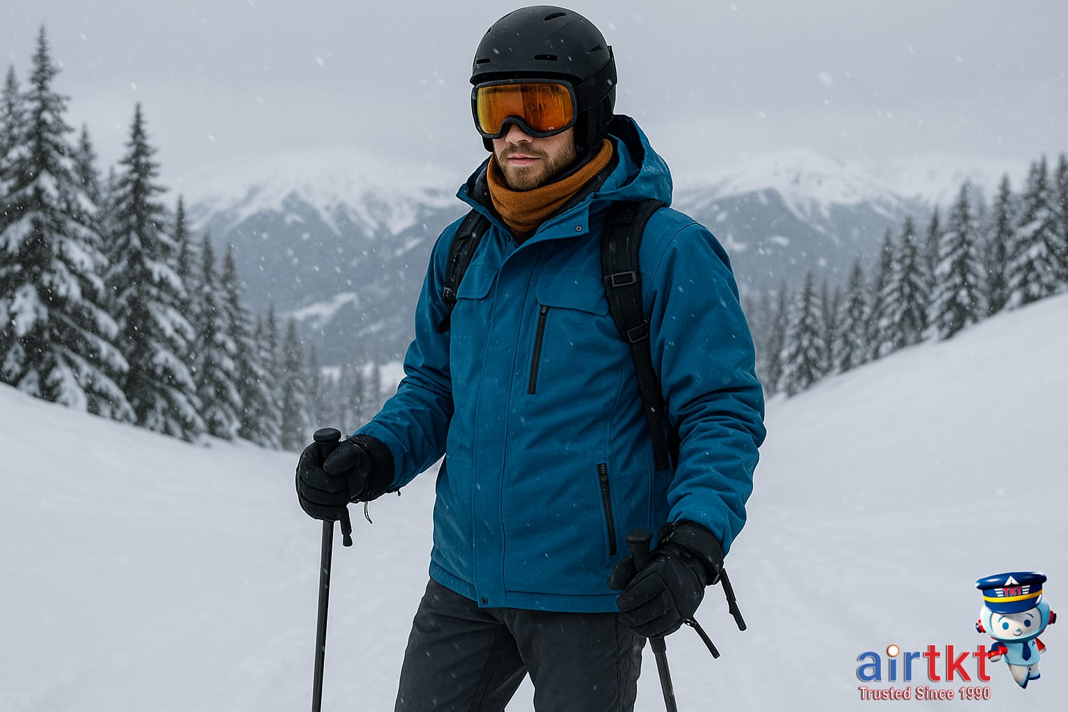 Skier in layered winter clothes prepared for snow activities on snowy slopes
