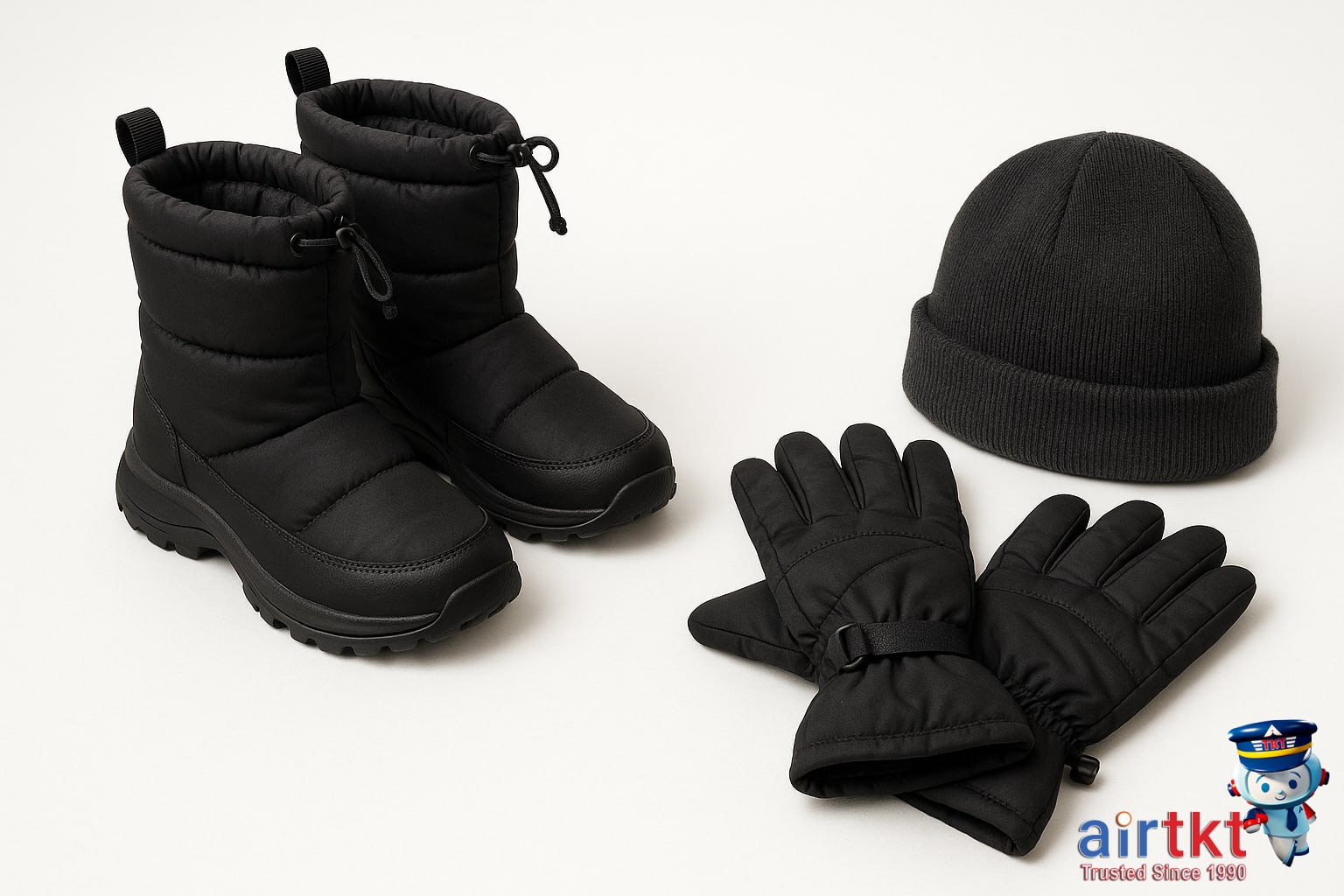 Essential winter gear like insulated boots gloves and hat packed for snowy travel
