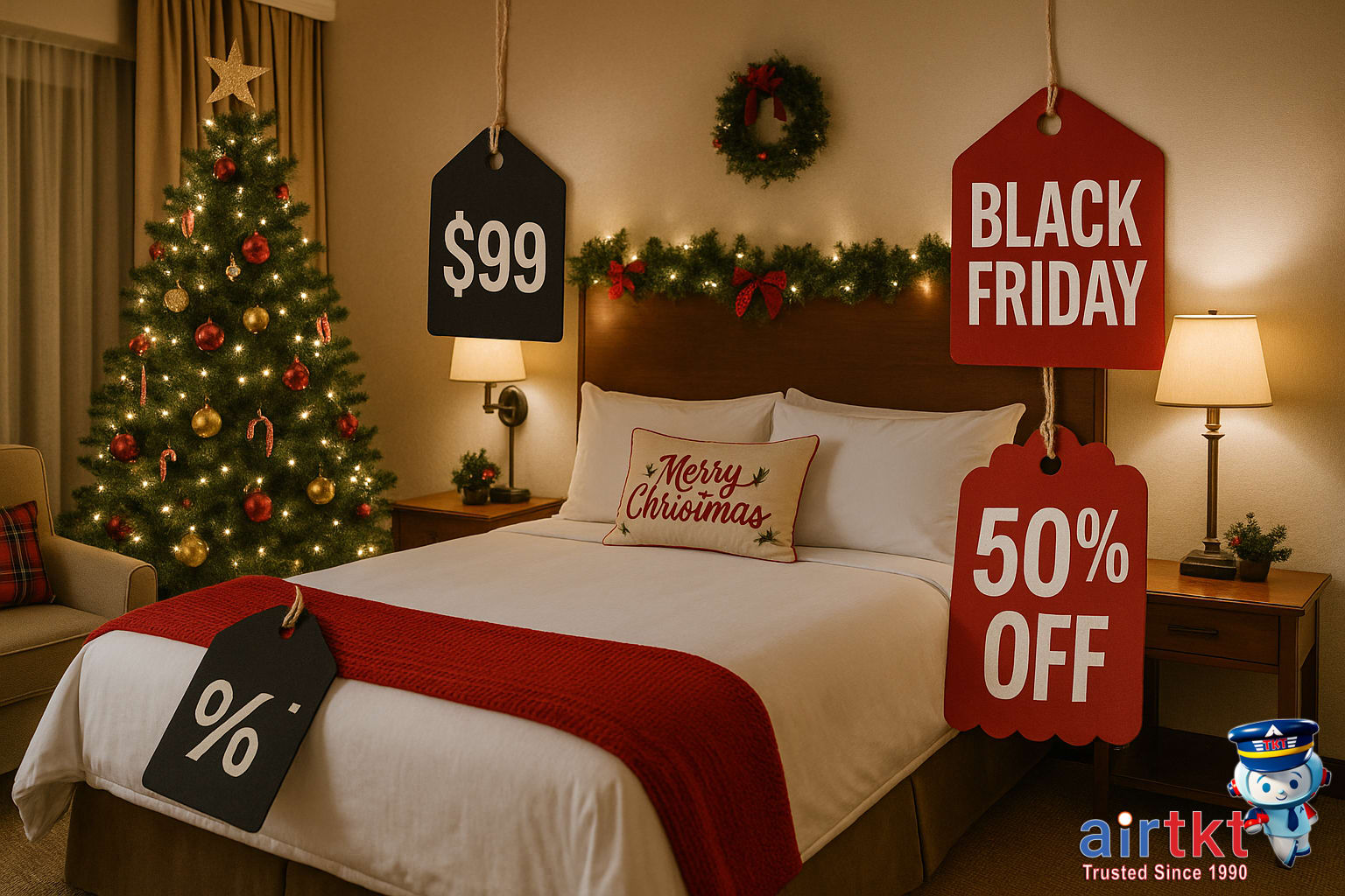 Holiday season hotel deals during Black Friday sales with cozy decor
