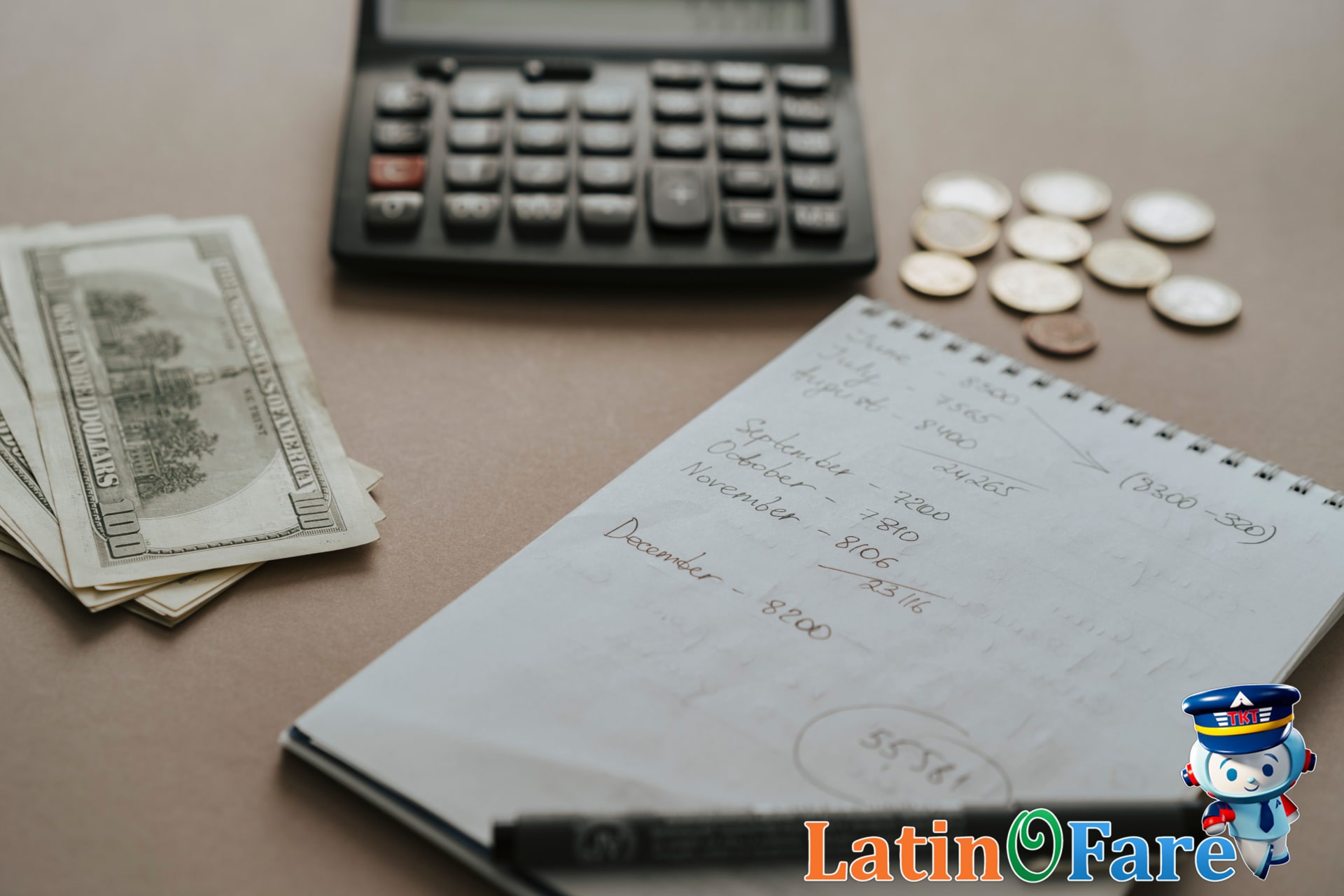 Budget travel planning materials with Miami Metro passes and calculator on table