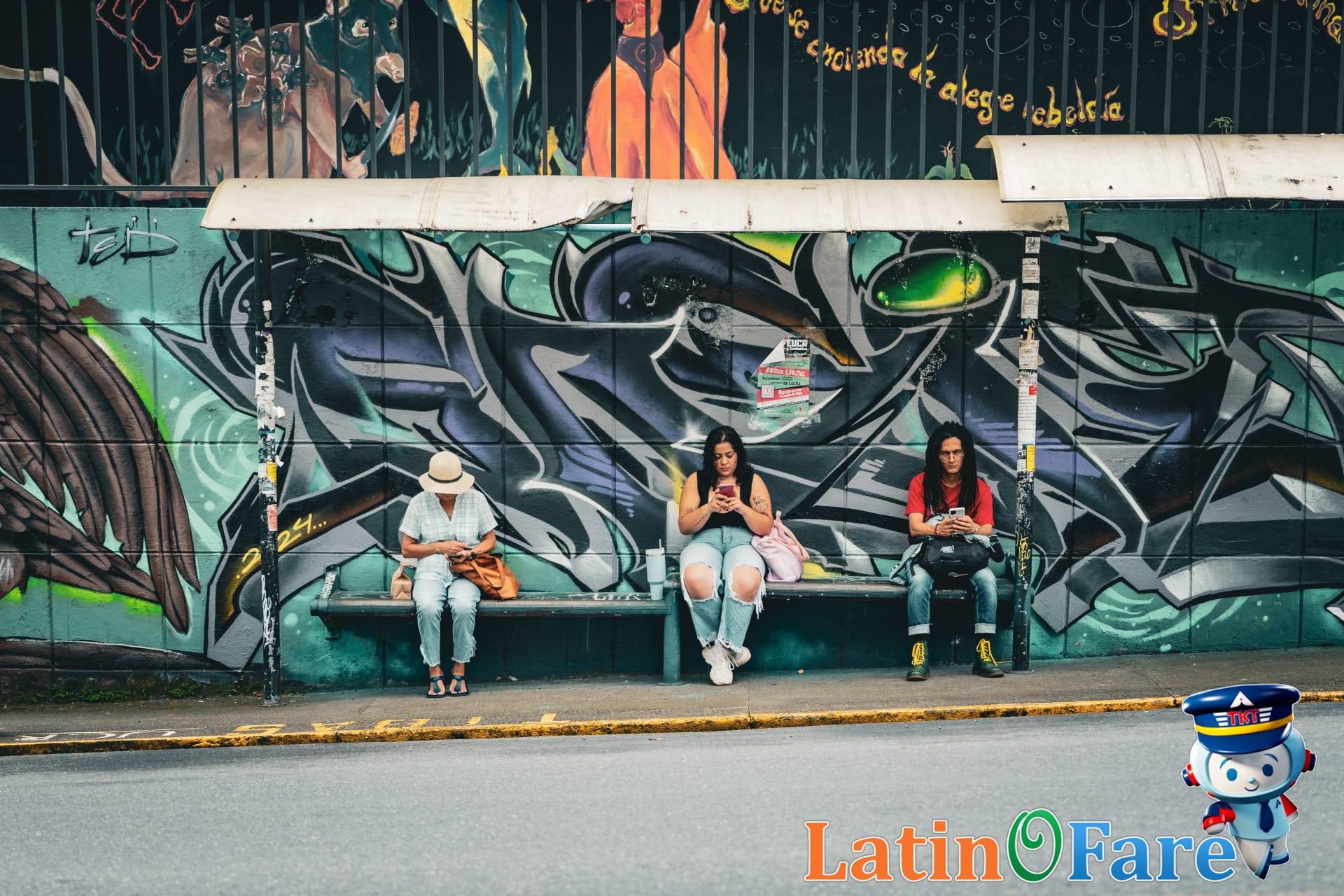 Travelers at vibrant Little Havana Miami bus stop using public transport