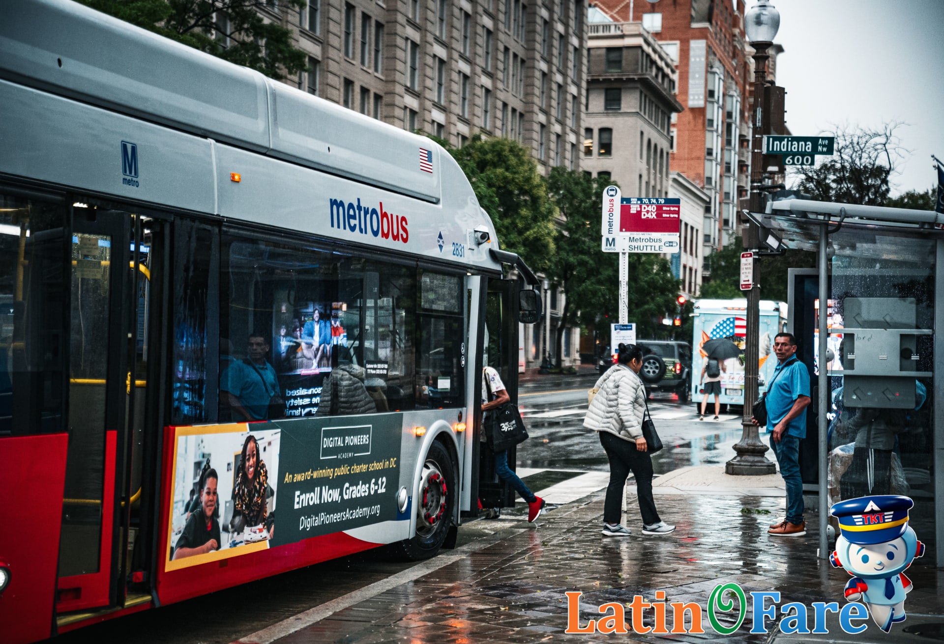Miami Metrobus picking up passengers at brightly painted transit stop location