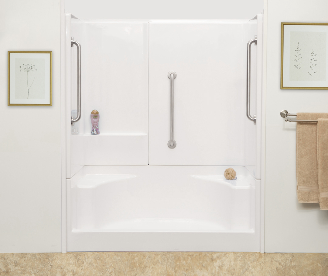 Laurel Mountain Ramer Low Threshold White 4-Piece 60-in x 32-in x 77-in Base/Wall Alcove Shower Kit with Integrated Seat (Right Drain) Drain Included