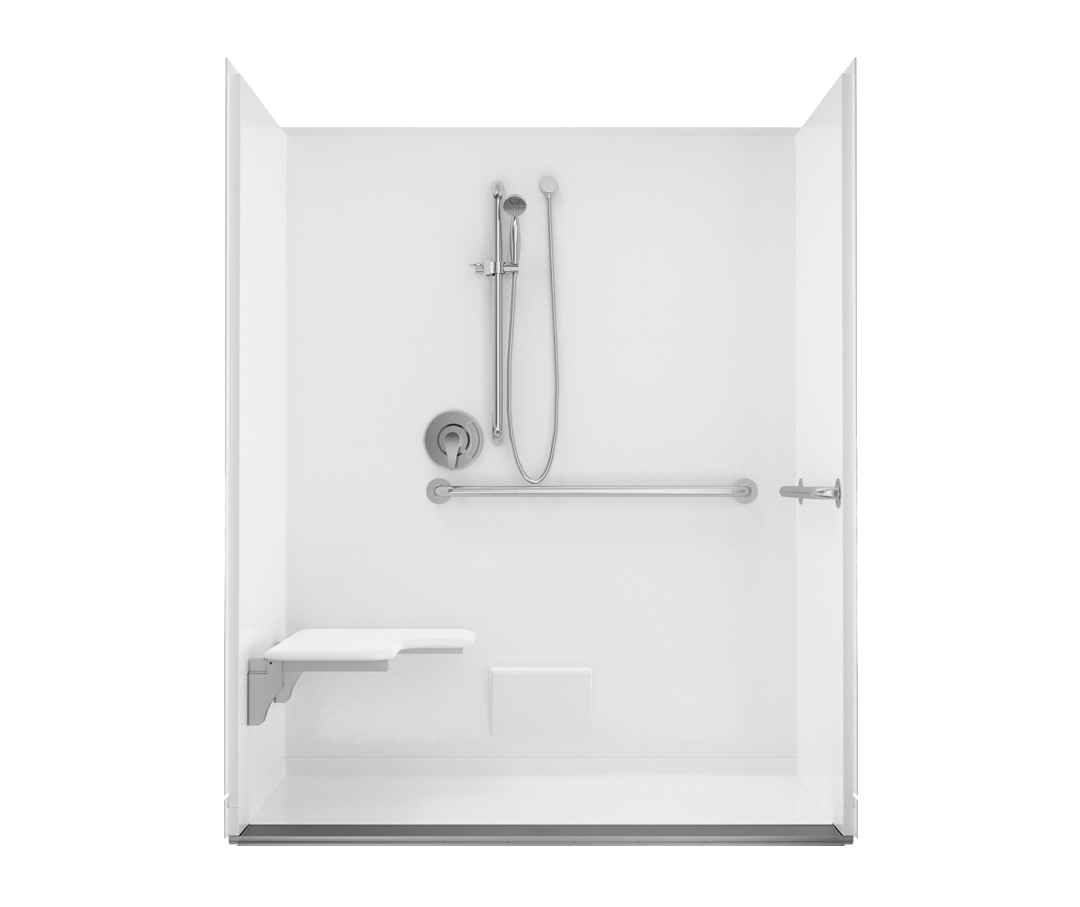 Roll in shower pan with trench drain outlet