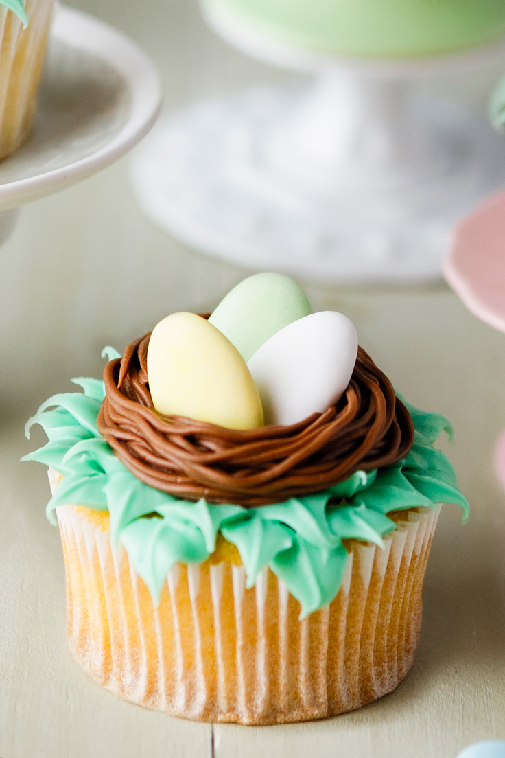 Amoretti Pistachio Cupcakes Recipe with Dragee Nests and leaves
