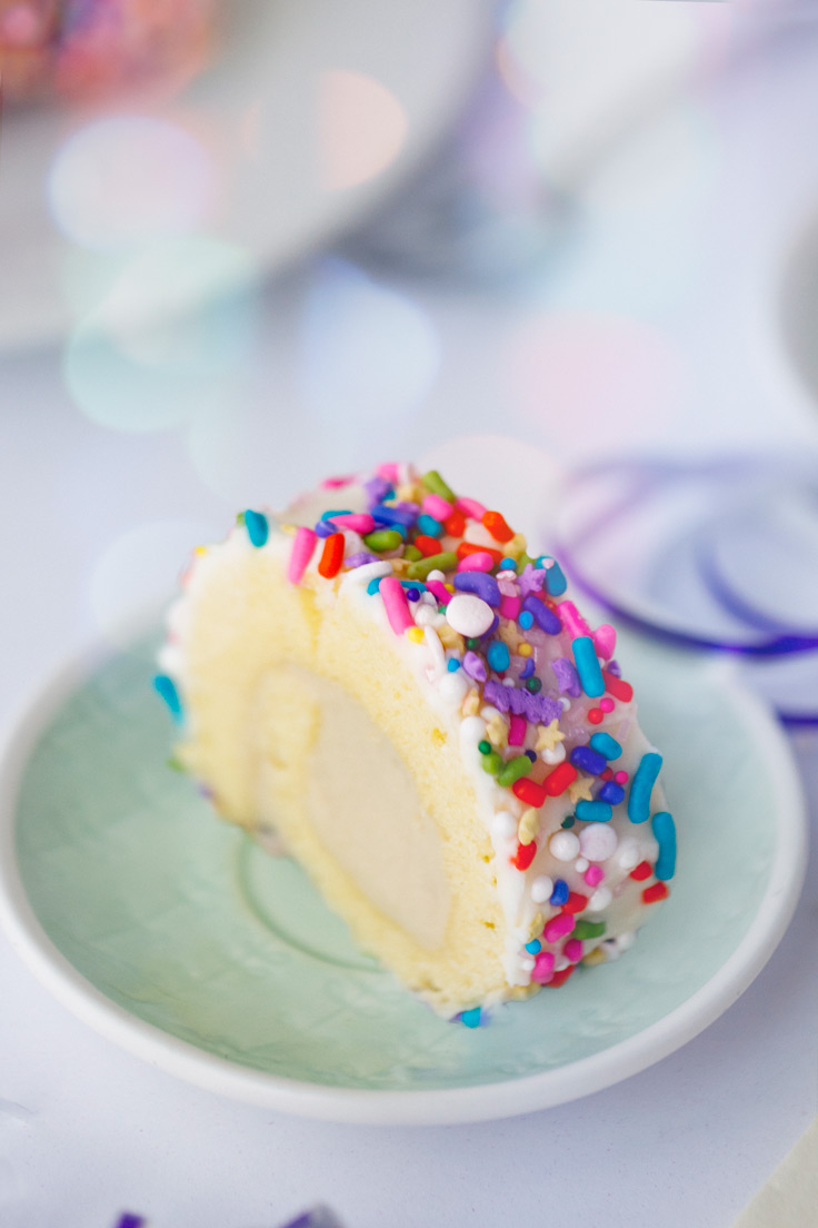 One slice of Amoretti's Mini Rainbow Roulades with Birthday Cake Filling Recipe