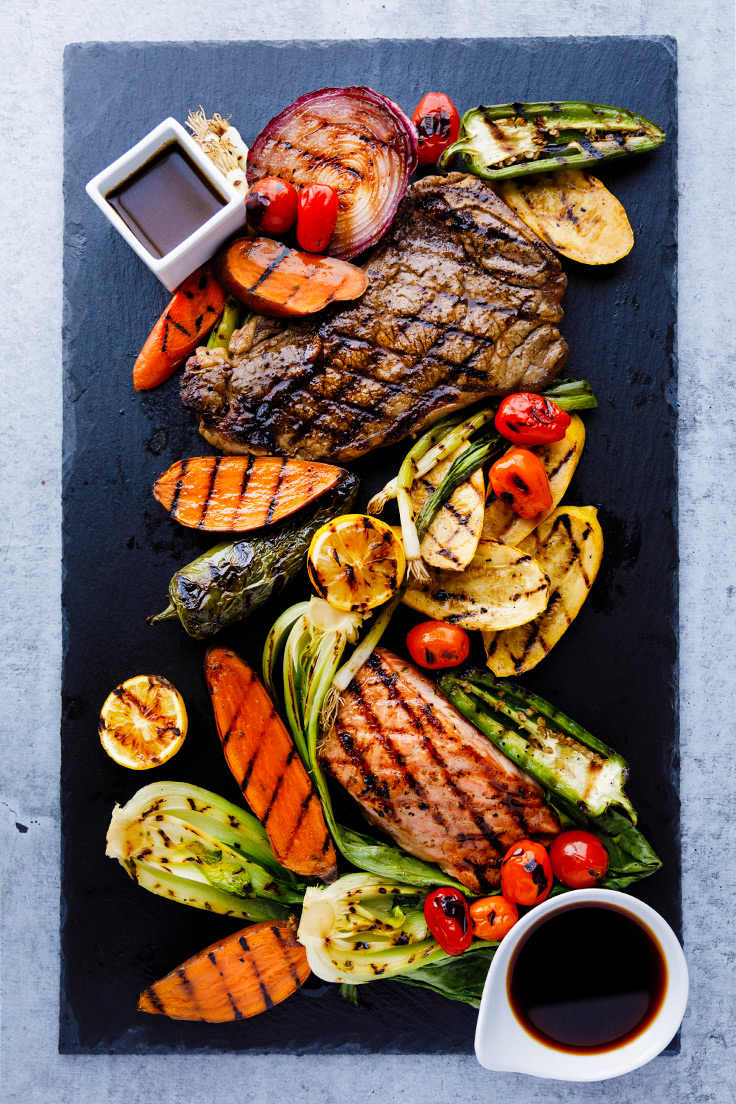 Amoretti Steak Marinade & Ginger Soy Marinade Recipes with grilled steak, fish, and vegetables