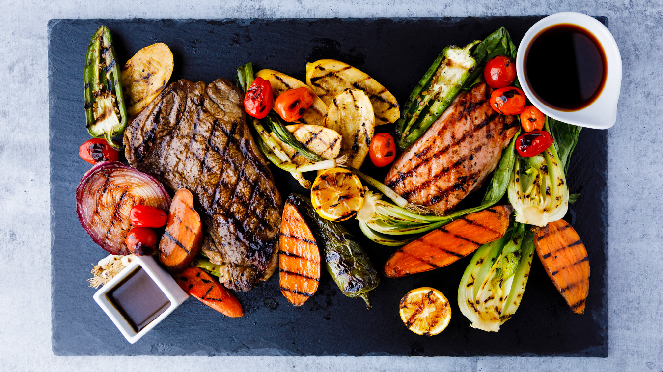 Amoretti Recipe: Steak Marinade & Ginger Soy Marinade with grilled steak, fish, and vegetables