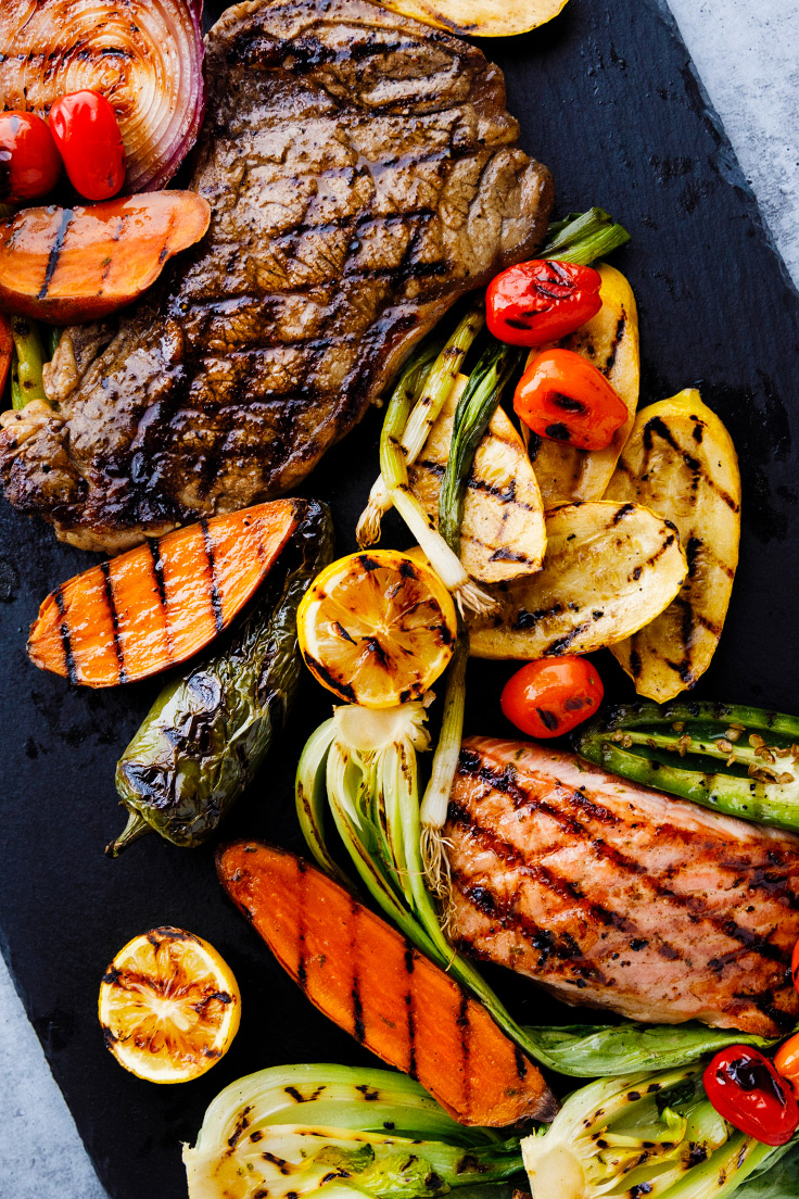 Grilled steak, fish, and vegetables with Amoretti Steak  & Ginger Soy Marinade Recipes