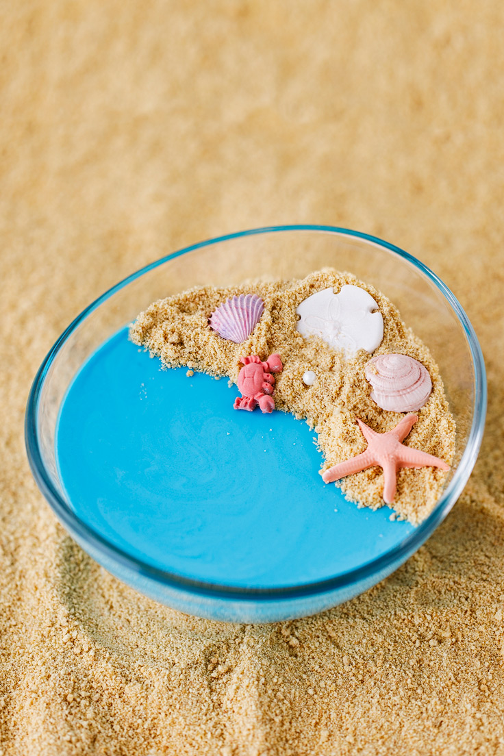 Amoretti Coconut Blue Raspberry Panna Cotta Recipe decorated like a beach