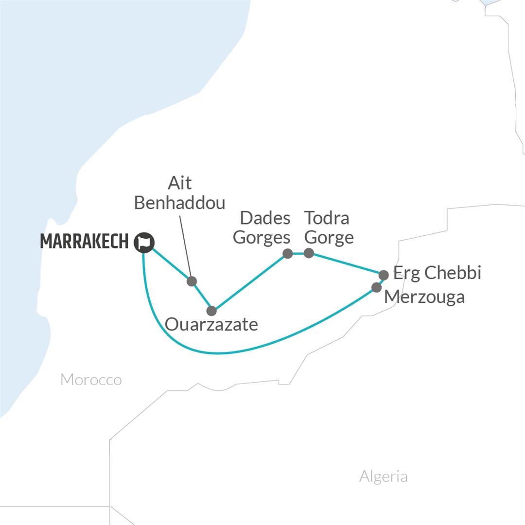 tourhub | Bamba Travel | Merzouga Gorges & Deserts Adventure 3D/2N (Marrakech to Marrakech) | Tour Map