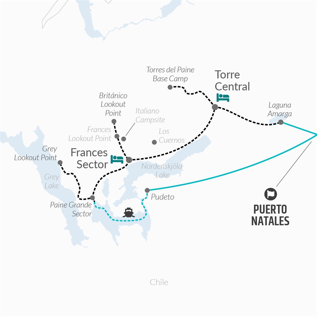 tourhub | Bamba Travel | Torres del Paine W Express Trek 4D/3N (Self-Guided) | Tour Map